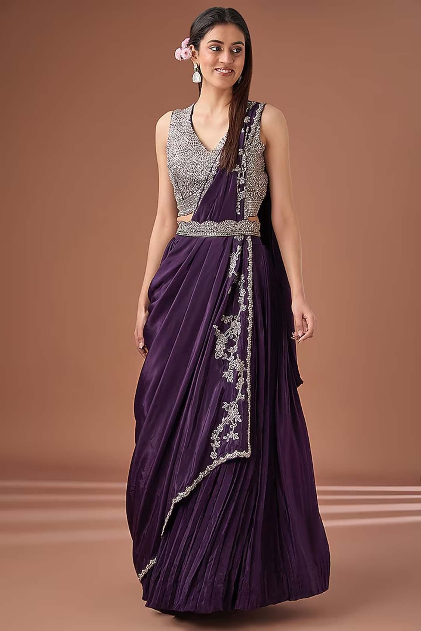 Purple Draped Lehenga with Long Heavy Jacket