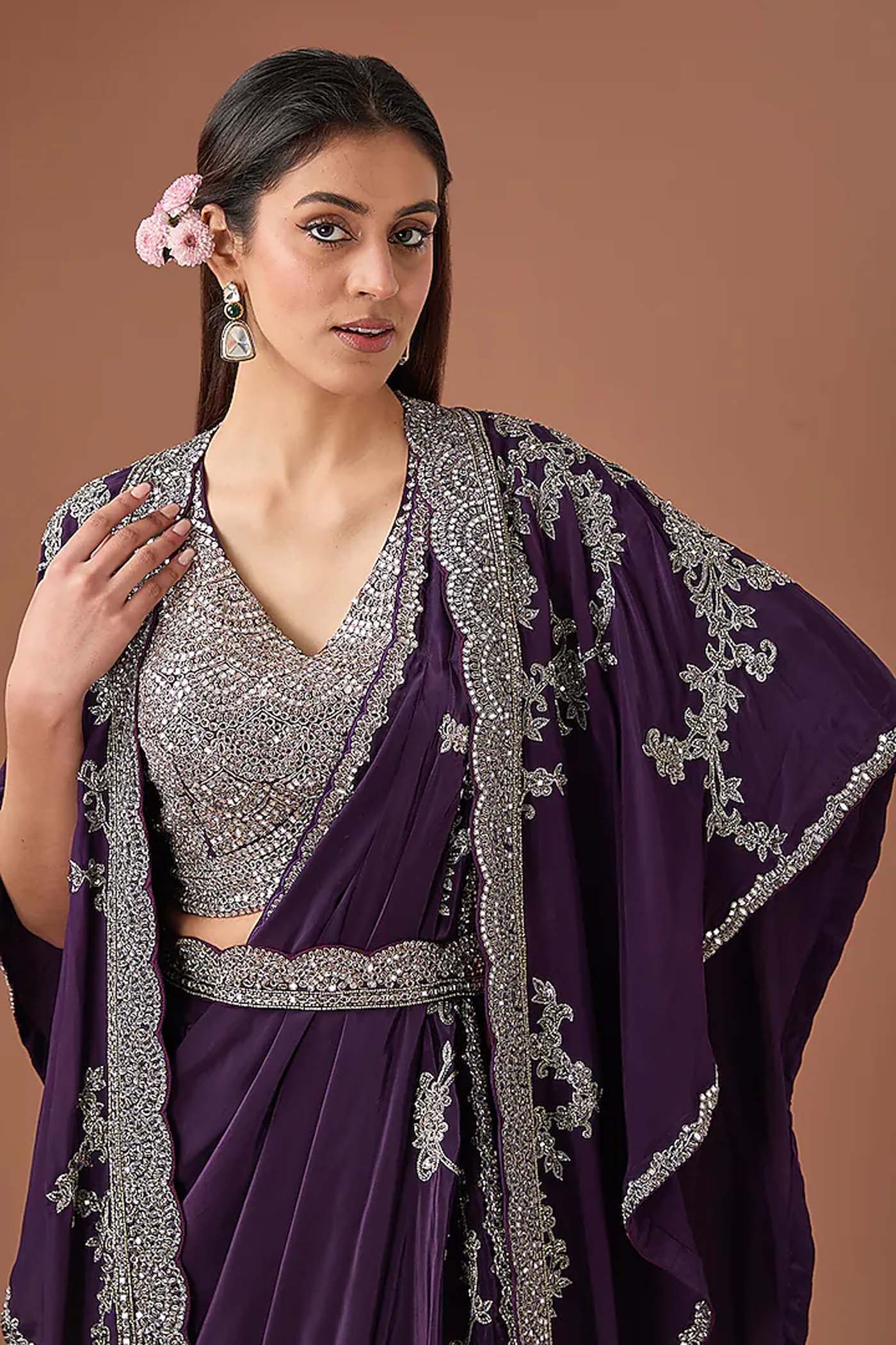 Purple Draped Lehenga with Long Heavy Jacket