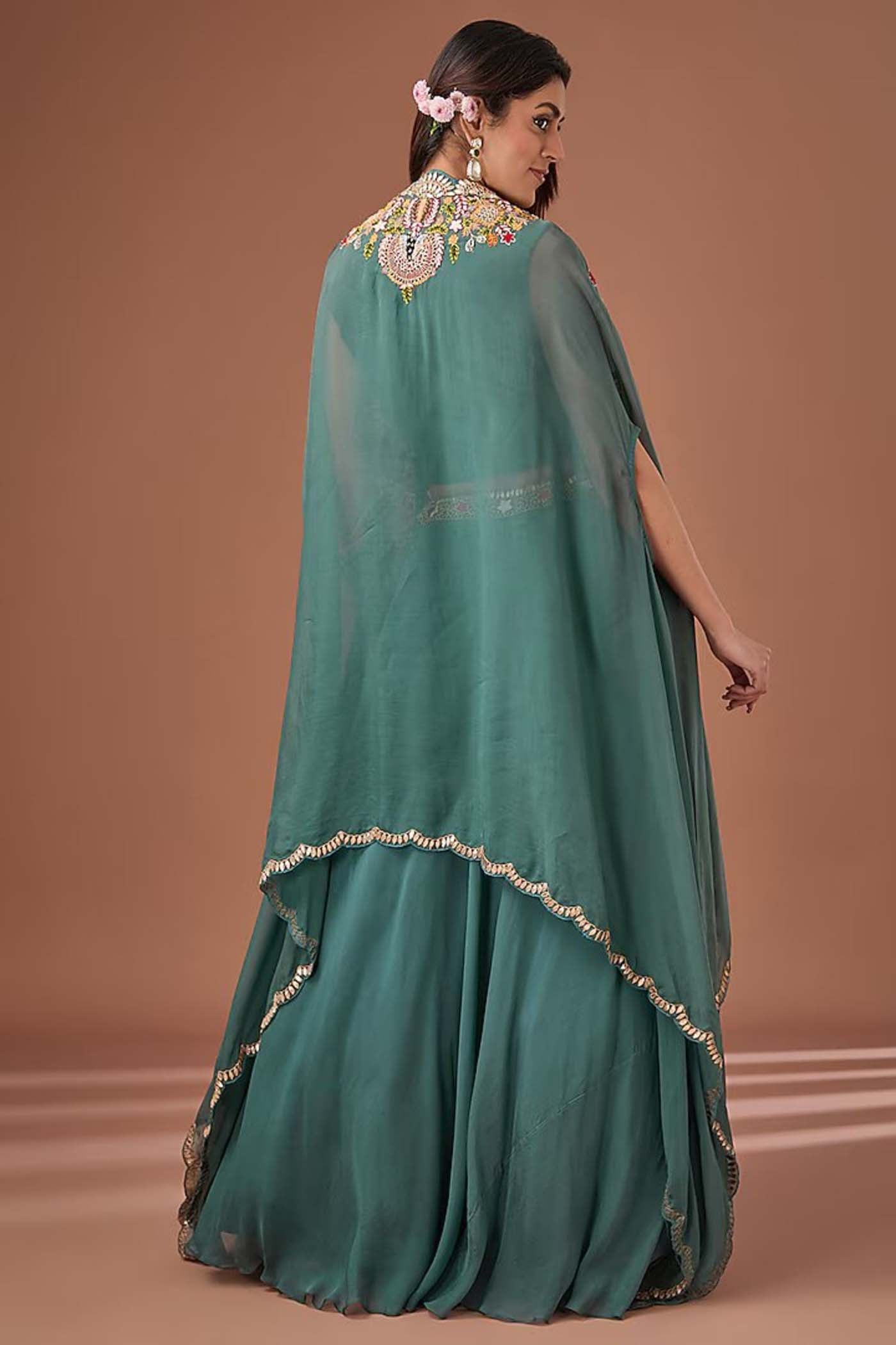 Green Crop-Top Lehenga with Organza Cape