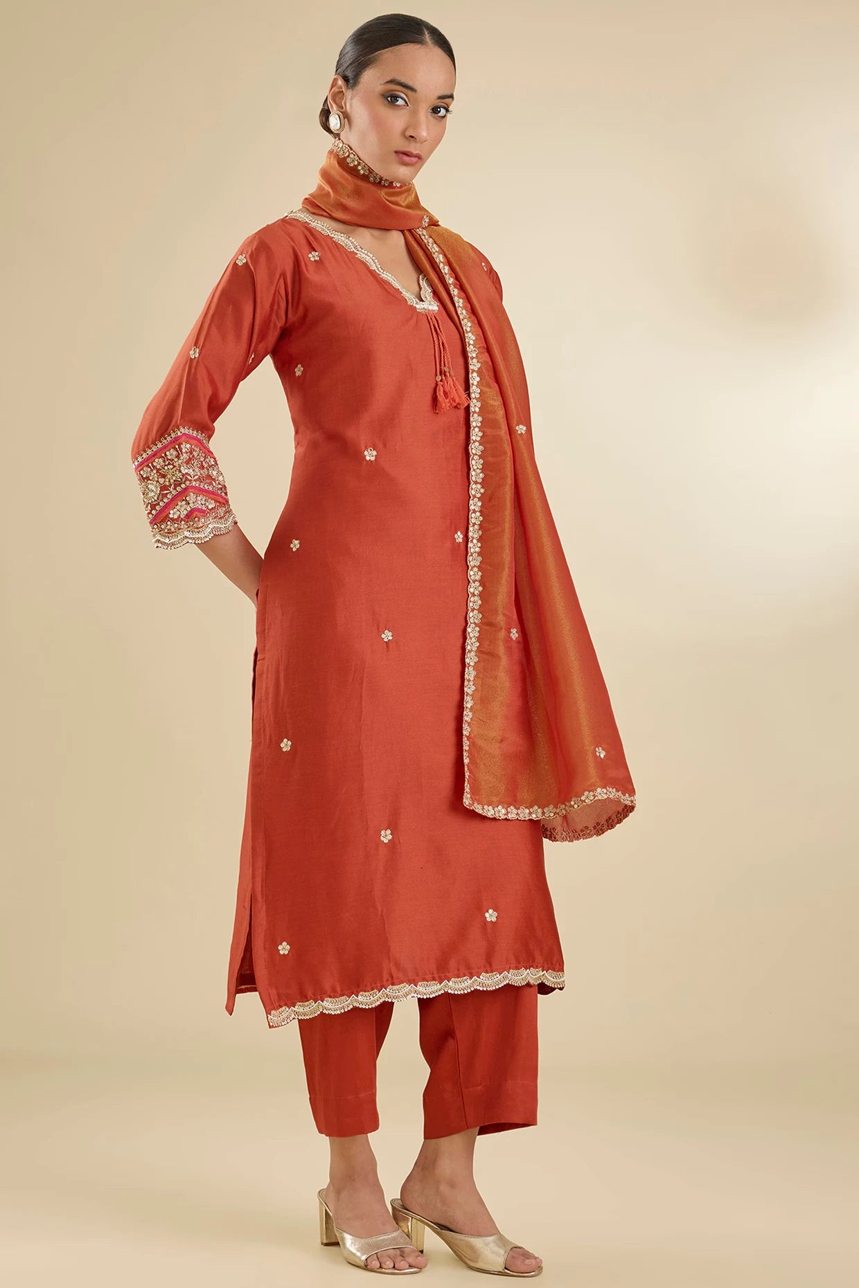 Rust Chanderi Silk Pearl & Zari Embroidered Kurta Set