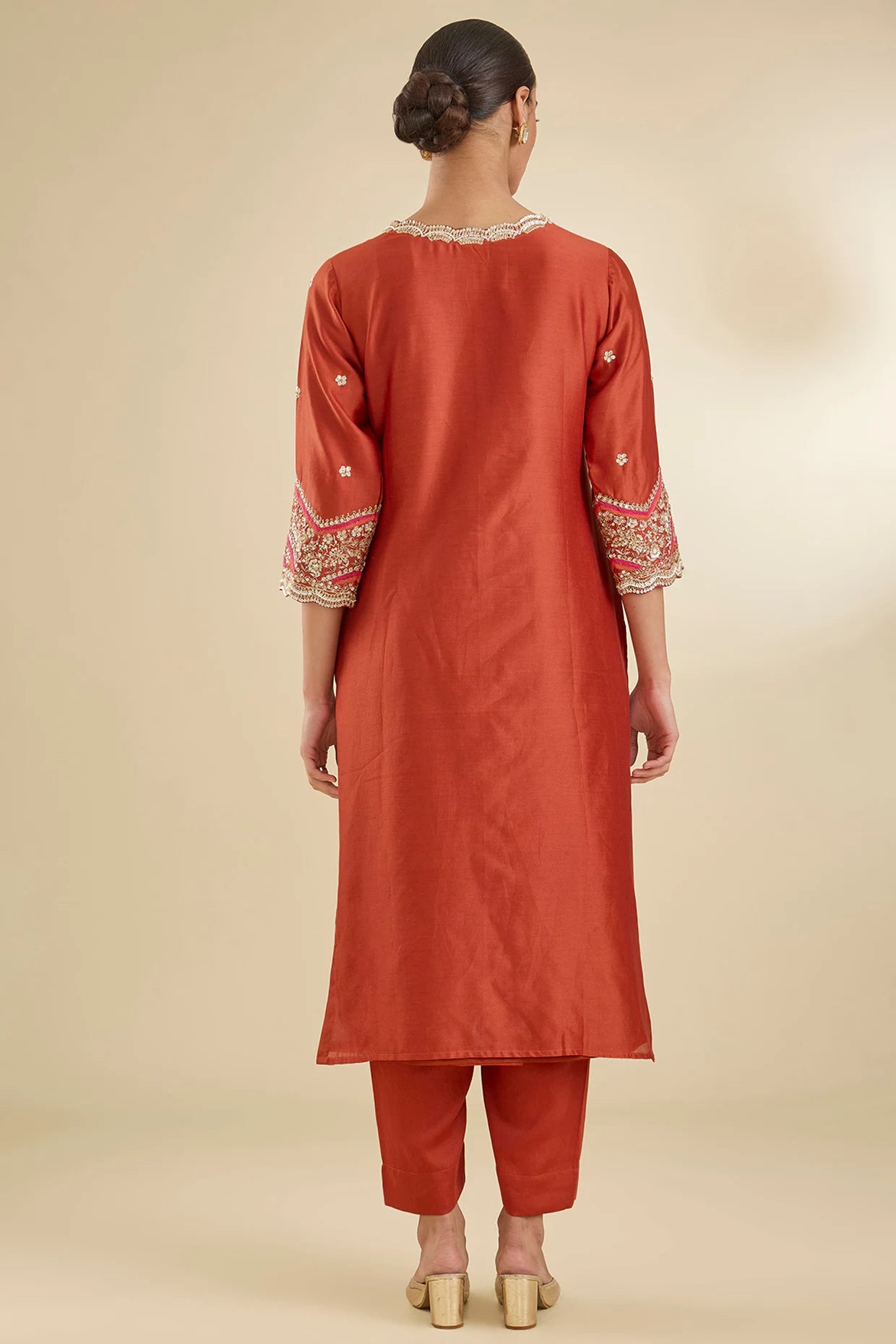 Rust Chanderi Silk Pearl & Zari Embroidered Kurta Set