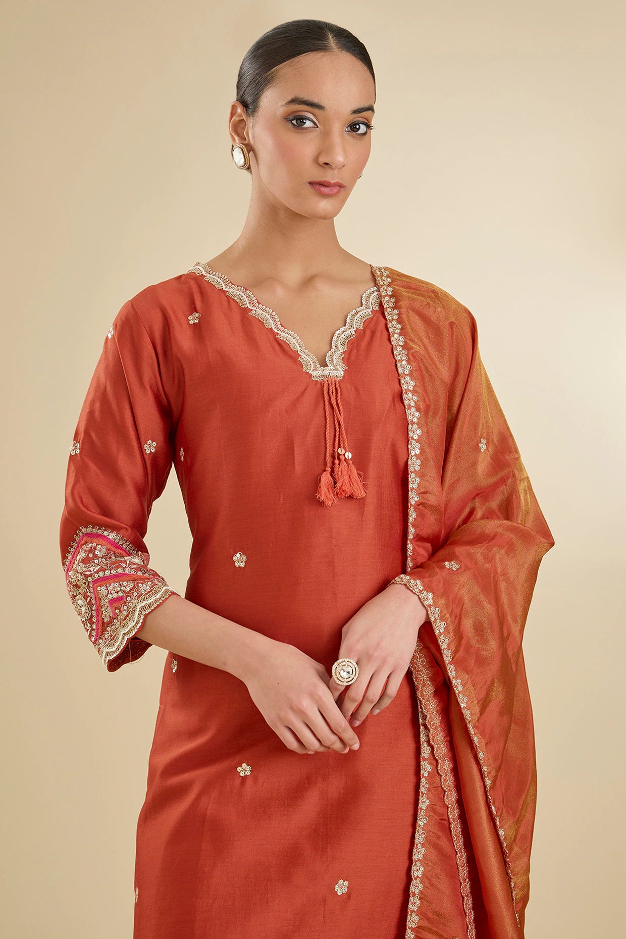 Rust Chanderi Silk Pearl & Zari Embroidered Kurta Set