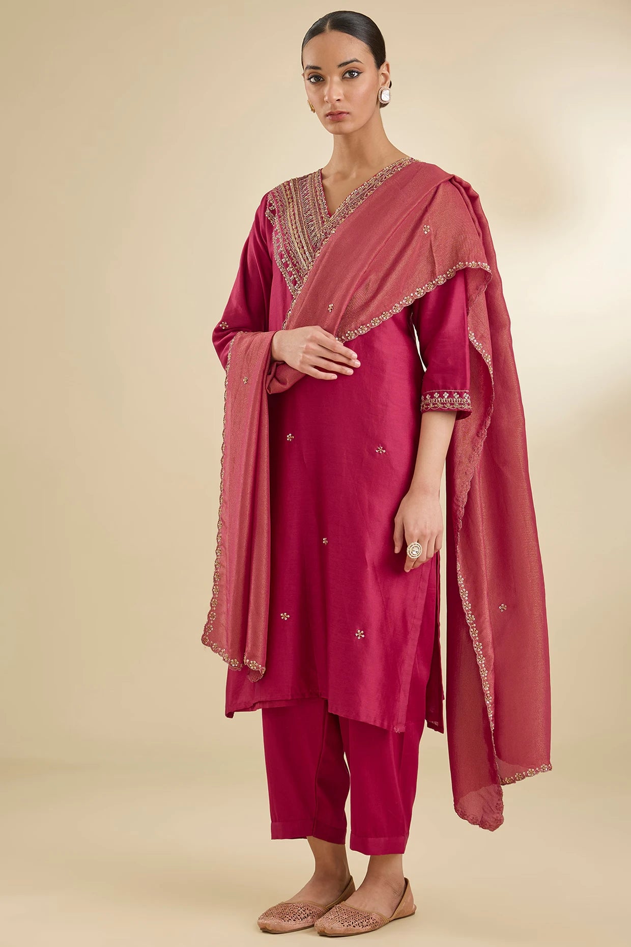 Maroon Chanderi Silk Pearl & Zari Embroidered Kurta Set