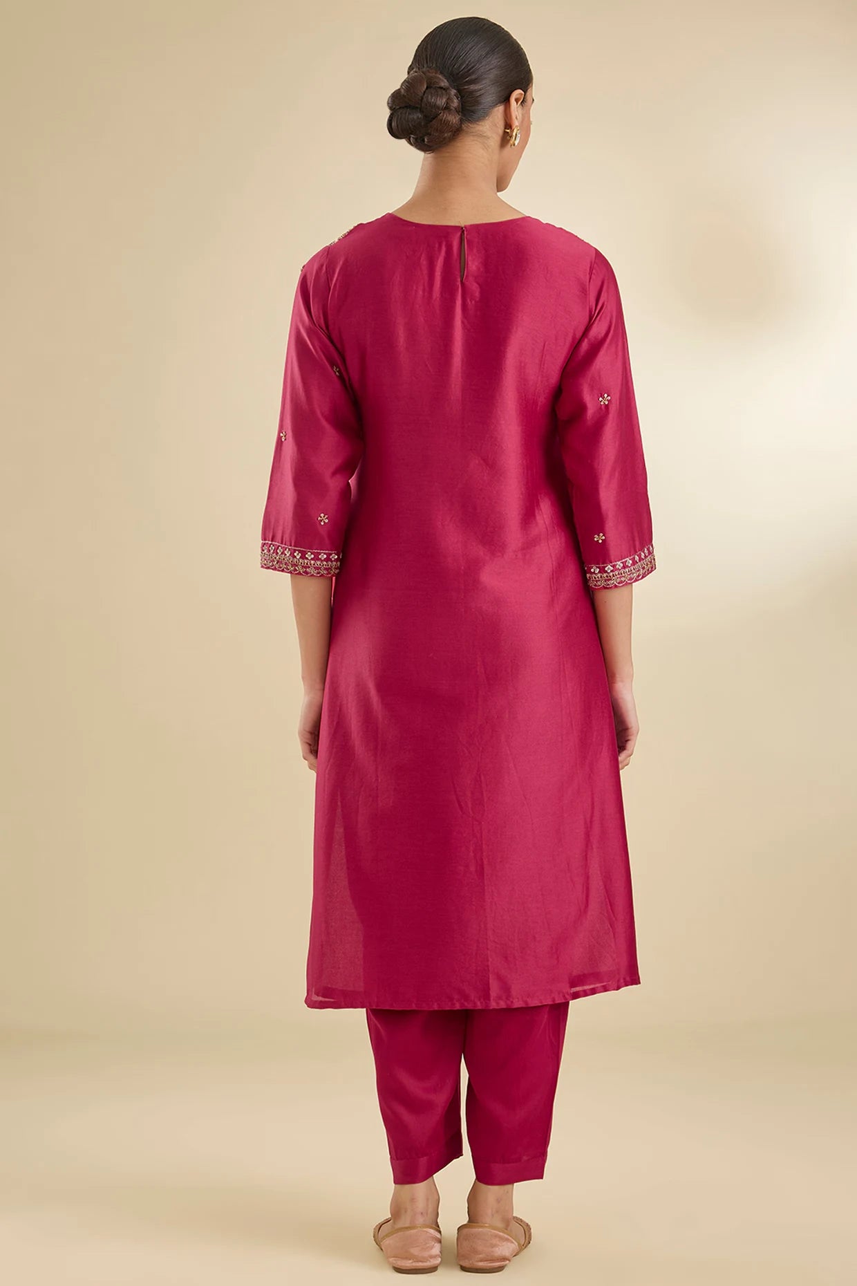 Maroon Chanderi Silk Pearl & Zari Embroidered Kurta Set