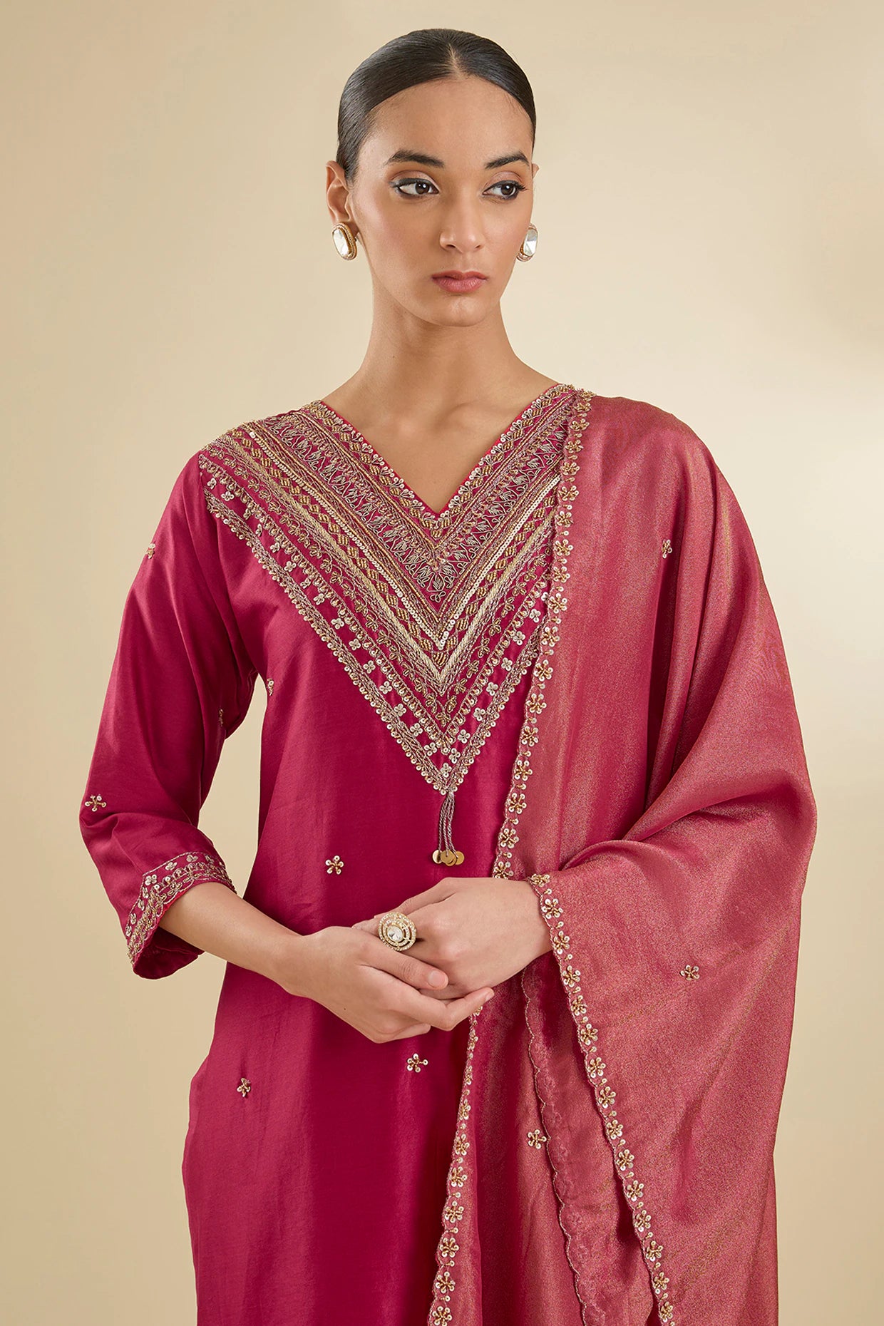 Maroon Chanderi Silk Pearl & Zari Embroidered Kurta Set