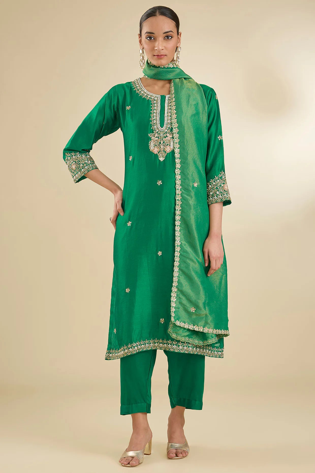 Green Chanderi Silk Dabka & Sequins Embroidered Kurta Set