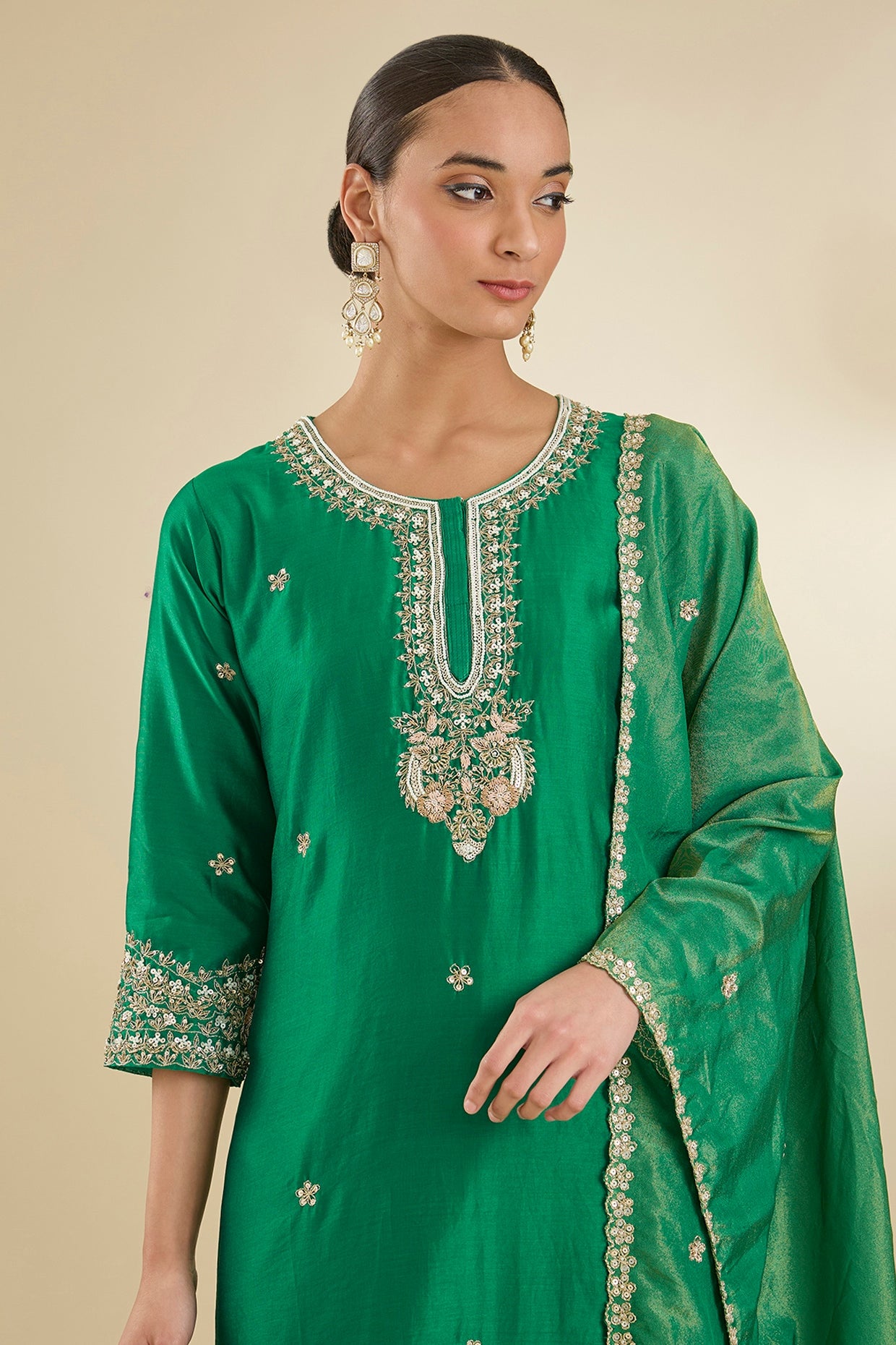 Green Chanderi Silk Dabka & Sequins Embroidered Kurta Set