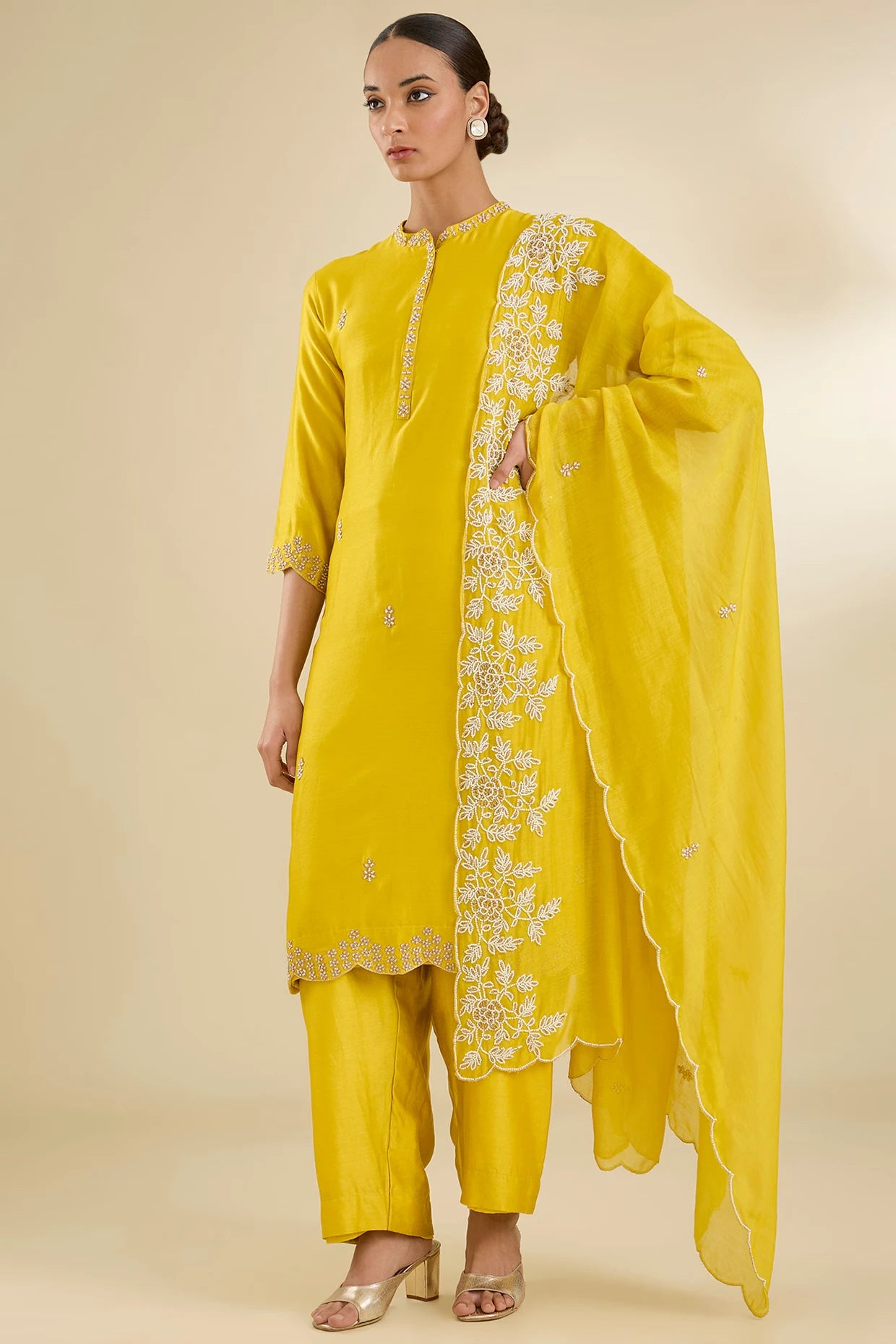 Mustard Chanderi Silk Pearl & Dabka Embroidered Kurta Set