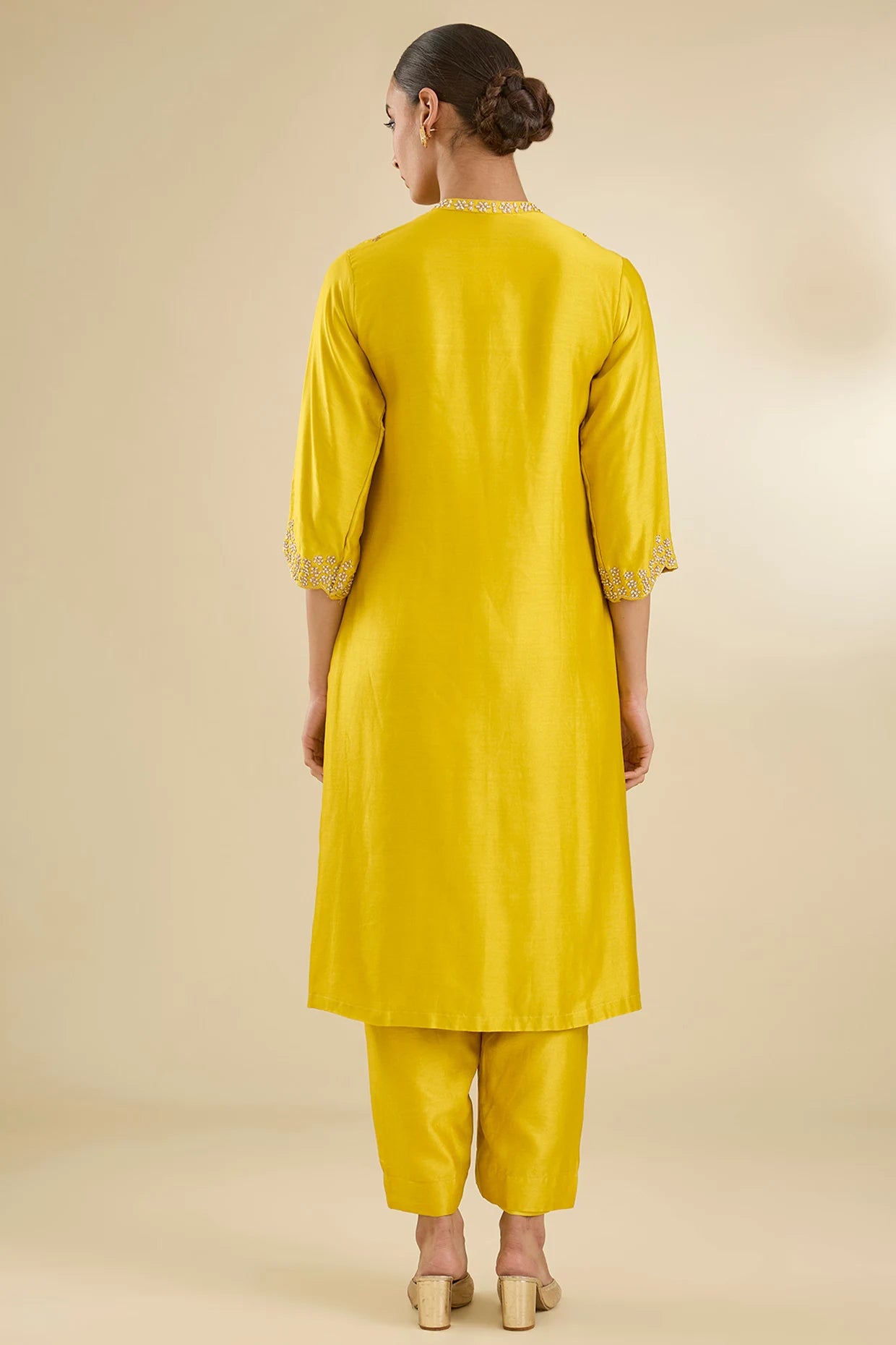 Mustard Chanderi Silk Pearl & Dabka Embroidered Kurta Set