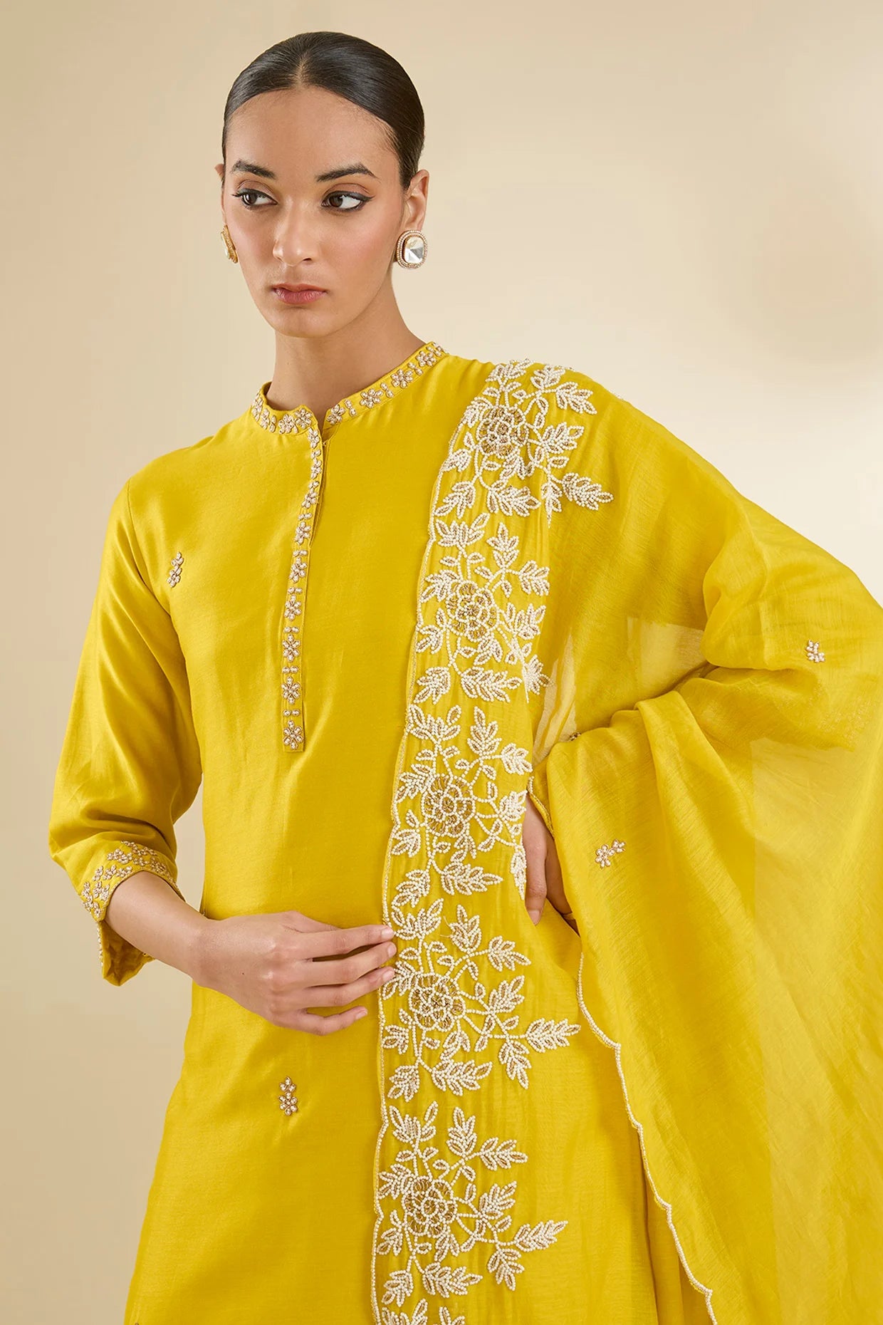 Mustard Chanderi Silk Pearl & Dabka Embroidered Kurta Set