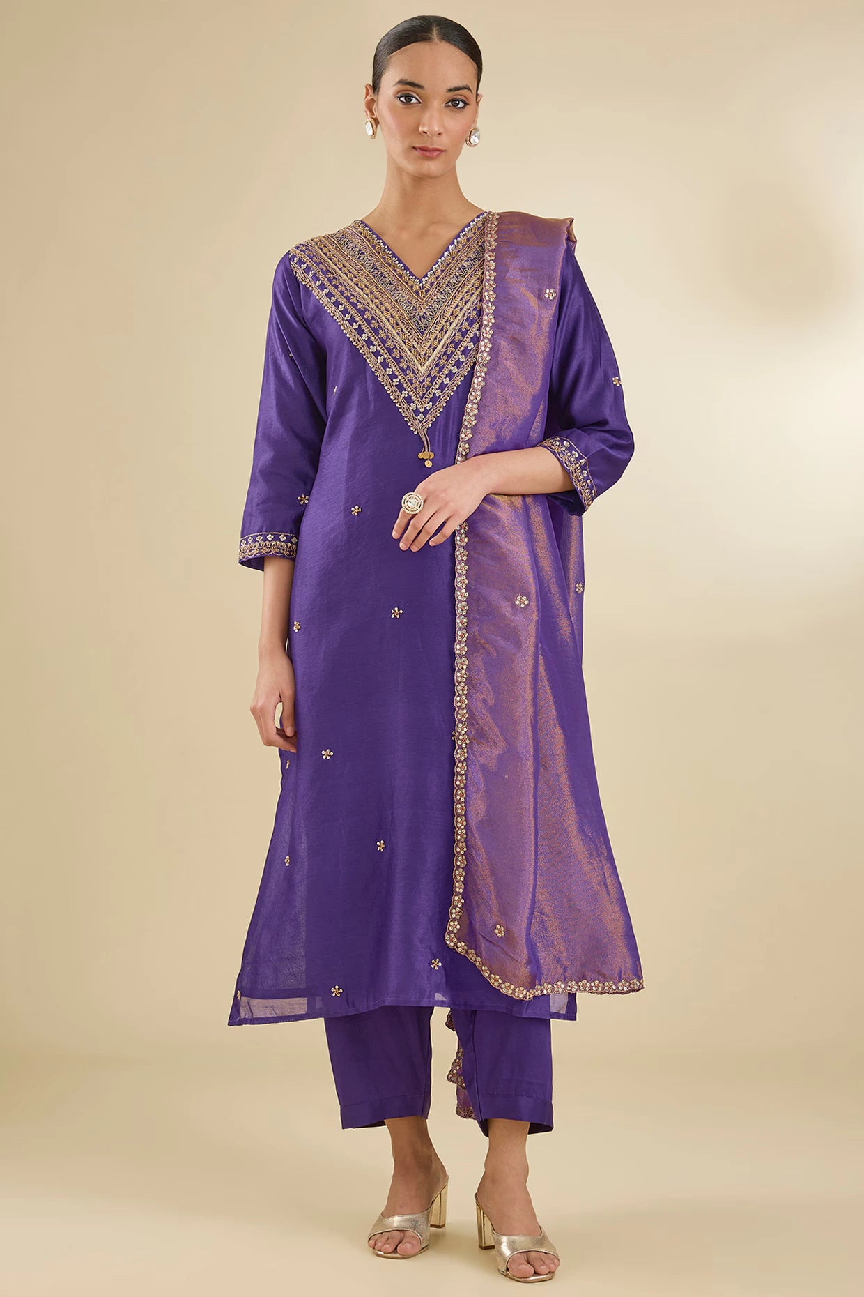 Purple Chanderi Silk Pearl & Zari Embroidered Kurta Set