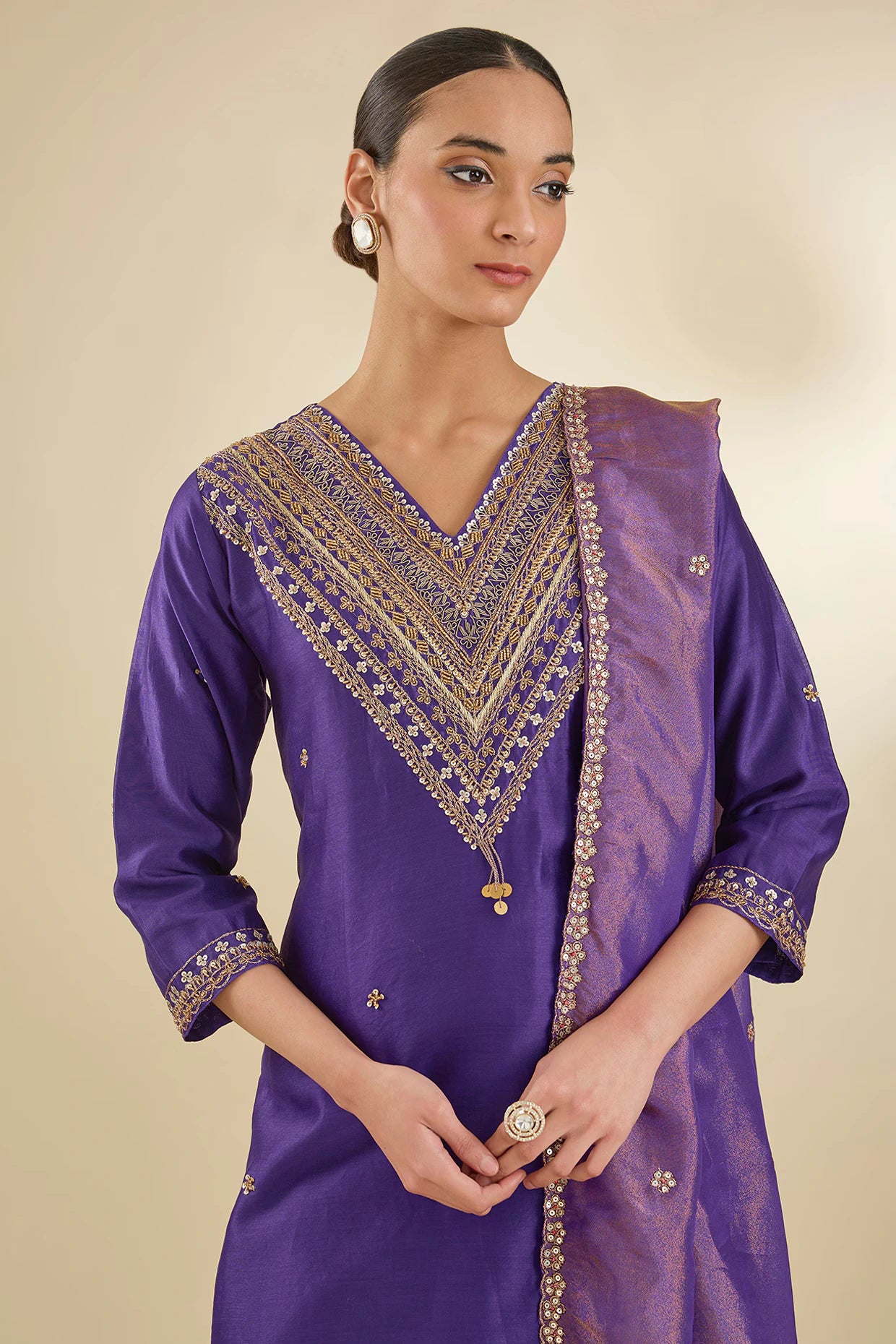 Purple Chanderi Silk Pearl & Zari Embroidered Kurta Set