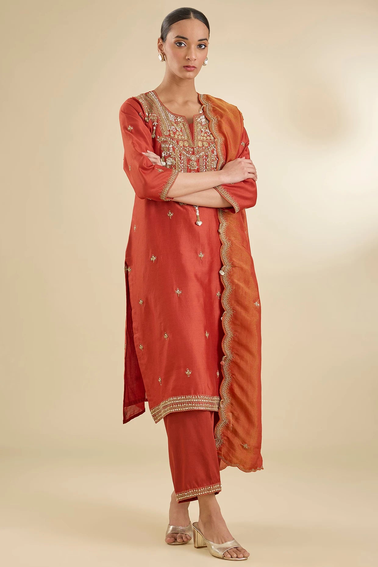 Rust Chanderi Silk Pearl & Zari Embroidered Kurta Set