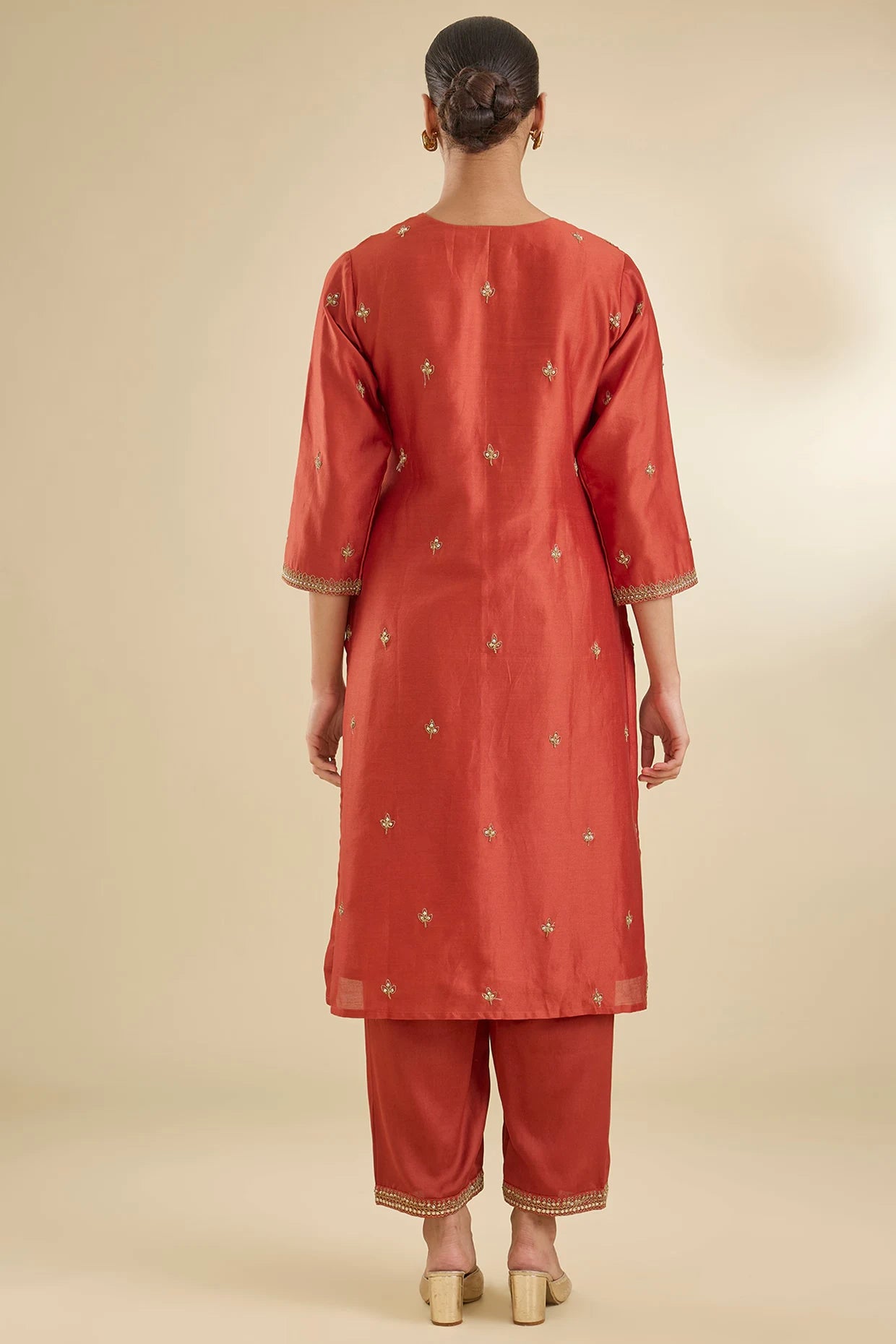 Rust Chanderi Silk Pearl & Zari Embroidered Kurta Set