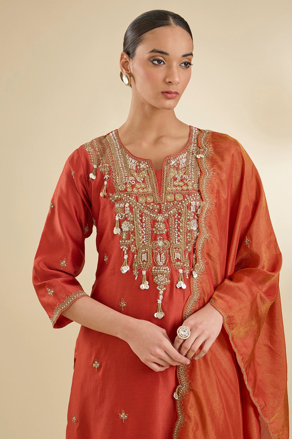 Rust Chanderi Silk Pearl & Zari Embroidered Kurta Set