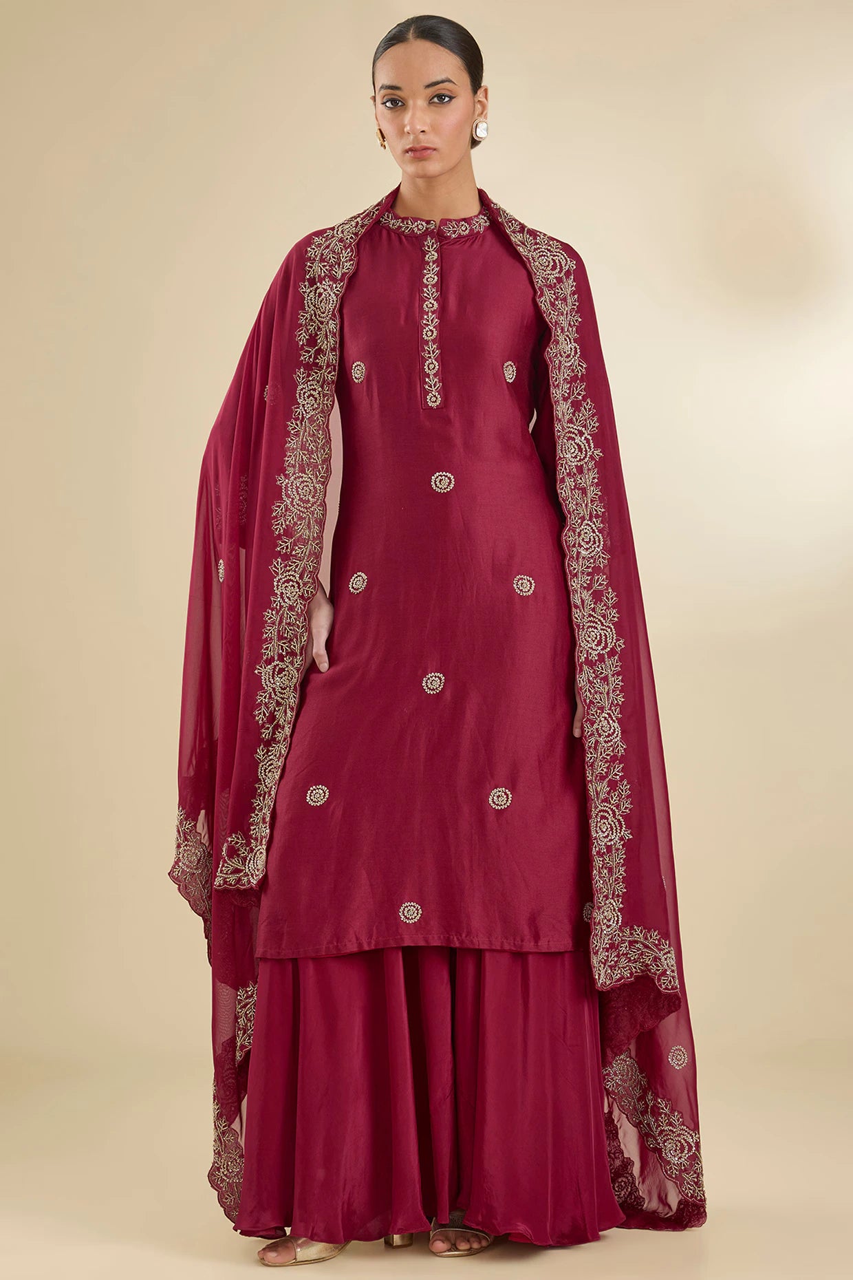 Maroon Chanderi Silk Pearl & Zari Embroidered Kurta Set