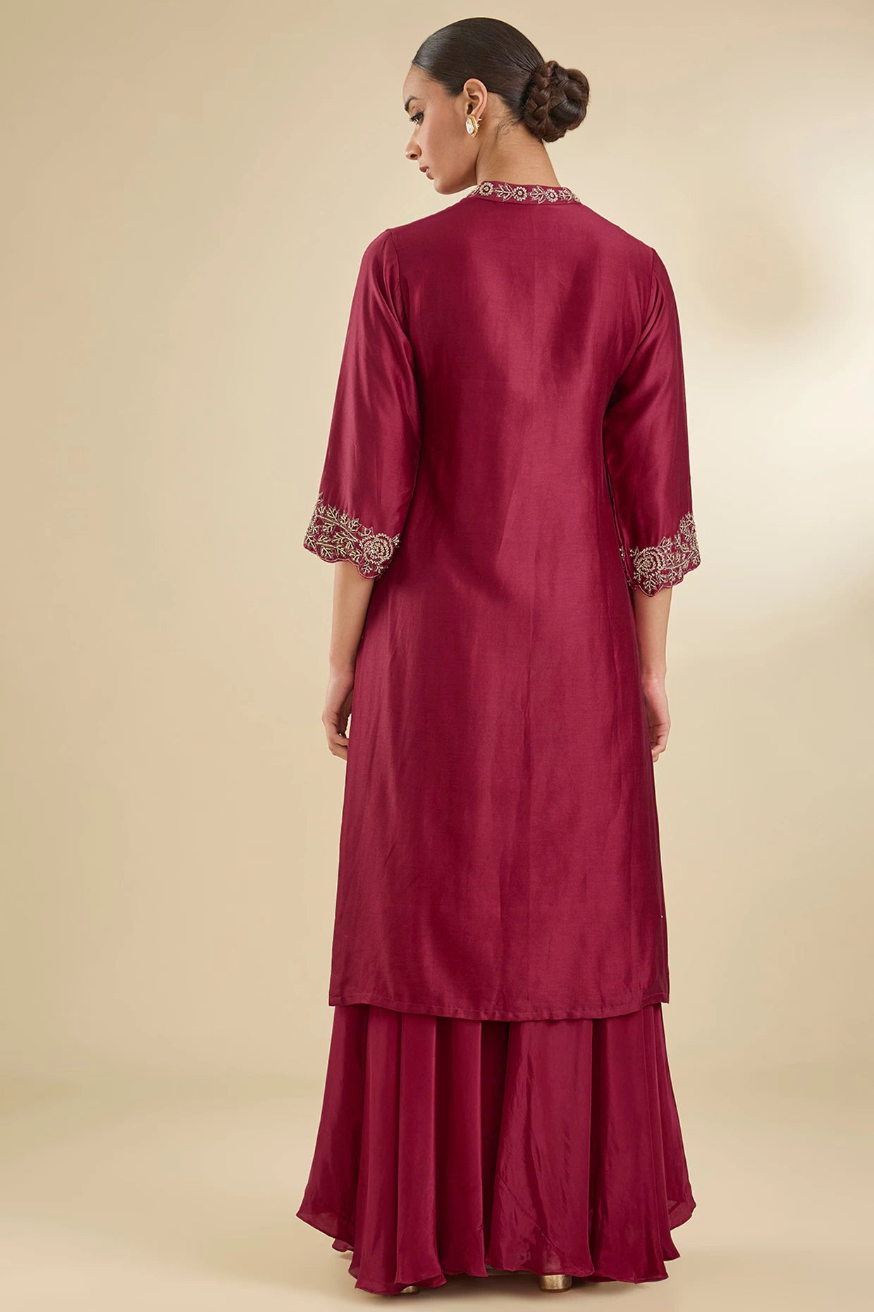 Maroon Chanderi Silk Pearl & Zari Embroidered Kurta Set