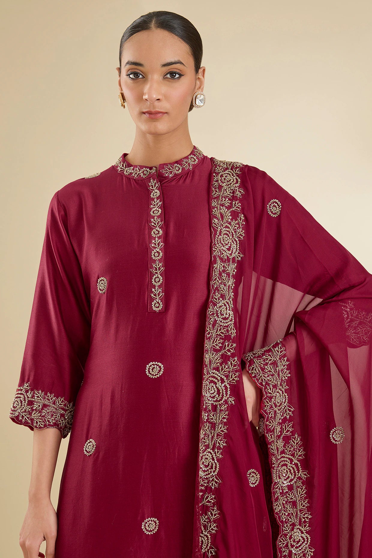 Maroon Chanderi Silk Pearl & Zari Embroidered Kurta Set