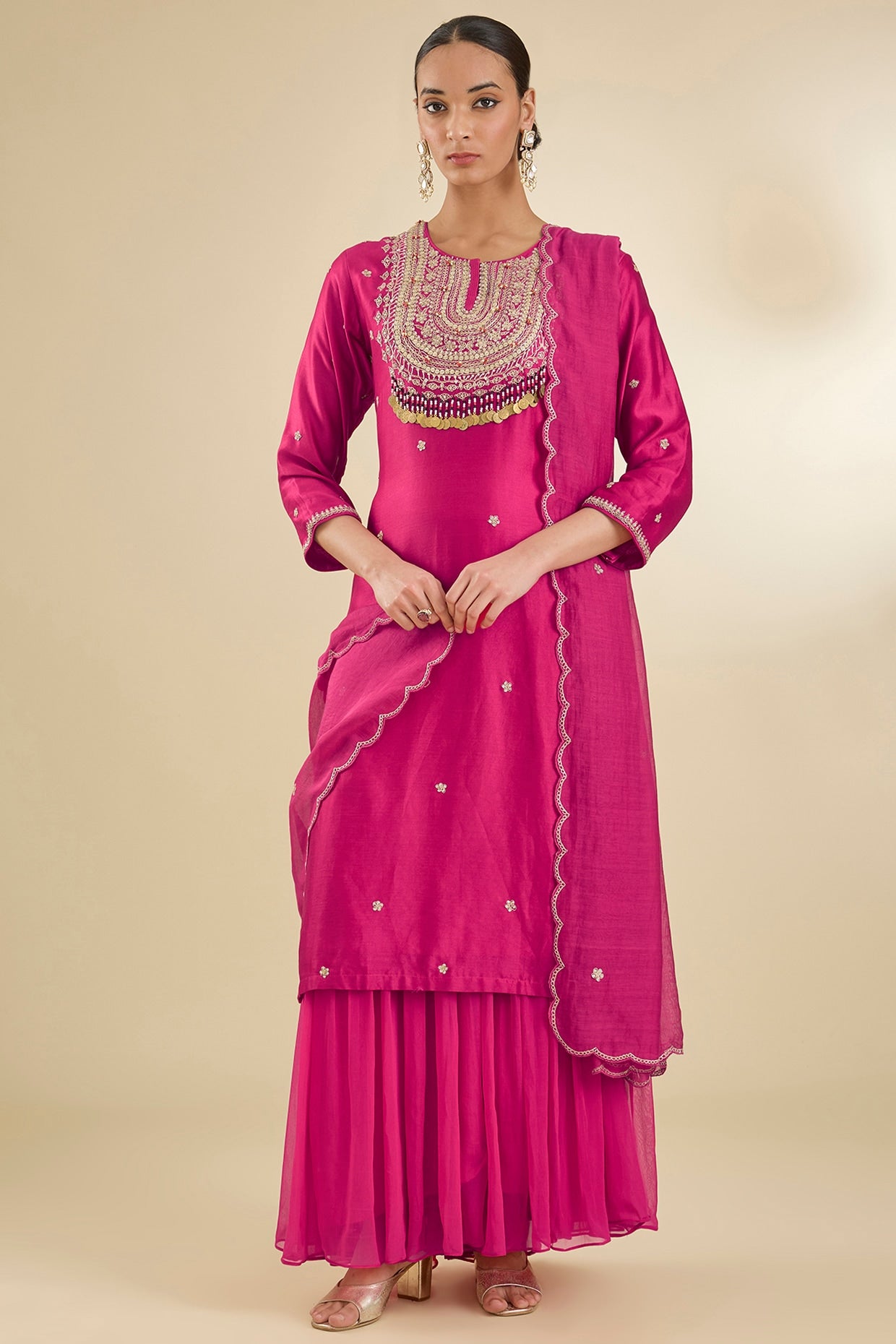 Deep Fuchsia Pink Chanderi Silk Bead & Dabka Embroidered Kurta Set