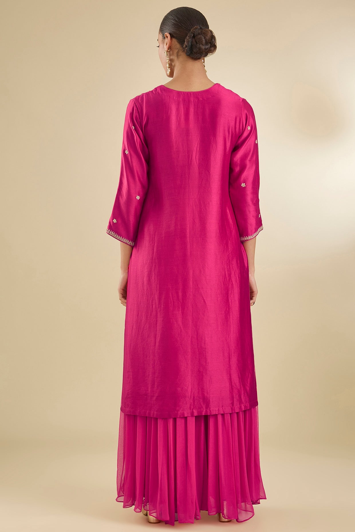 Deep Fuchsia Pink Chanderi Silk Bead & Dabka Embroidered Kurta Set