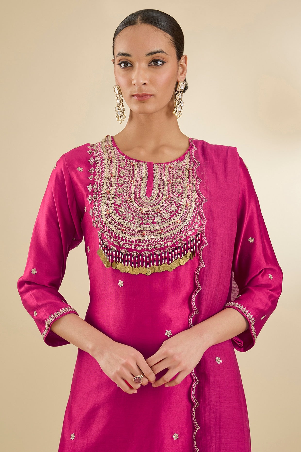 Deep Fuchsia Pink Chanderi Silk Bead & Dabka Embroidered Kurta Set