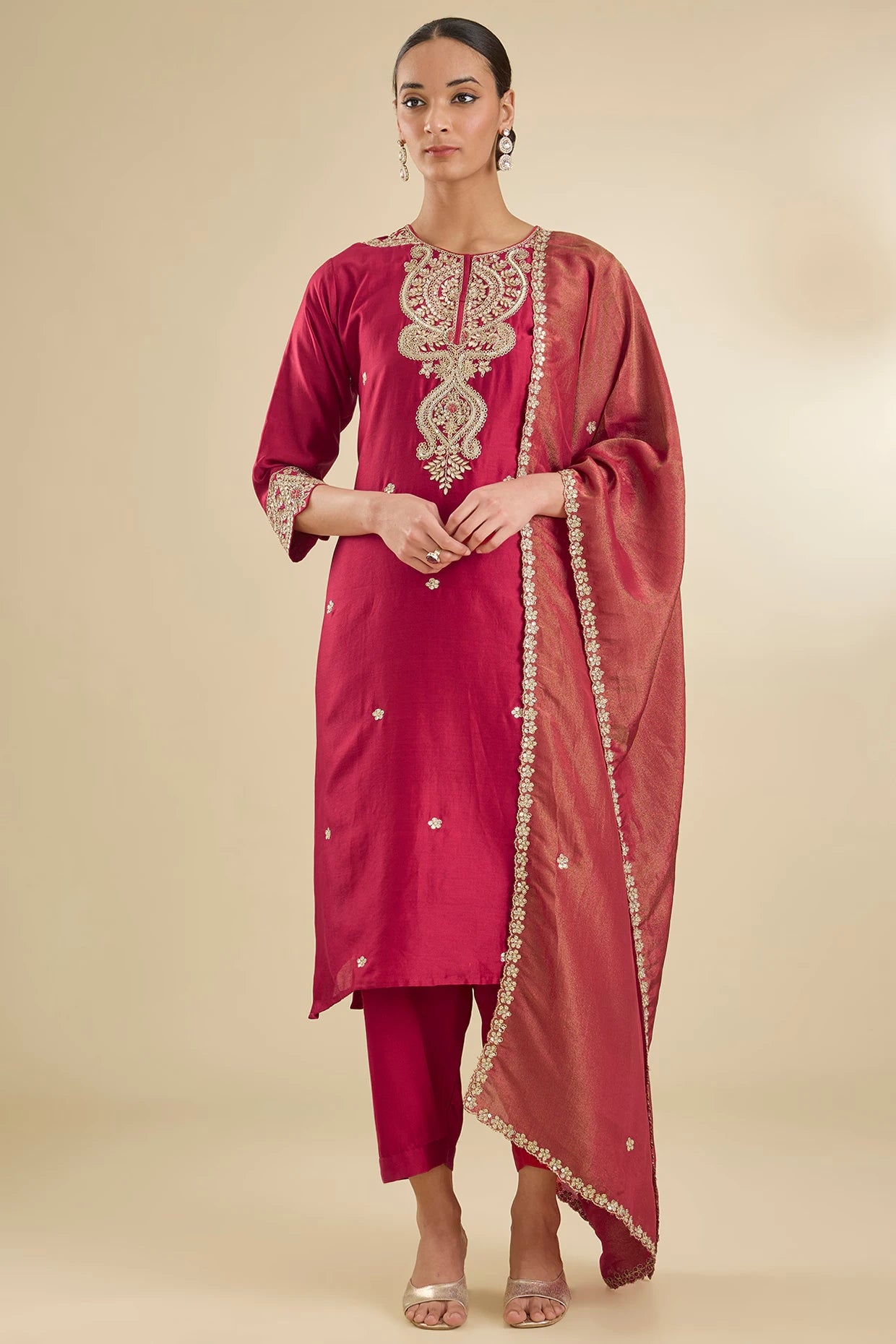 Red Chanderi Silk Sequins & Bead Embroidered Kurta Set