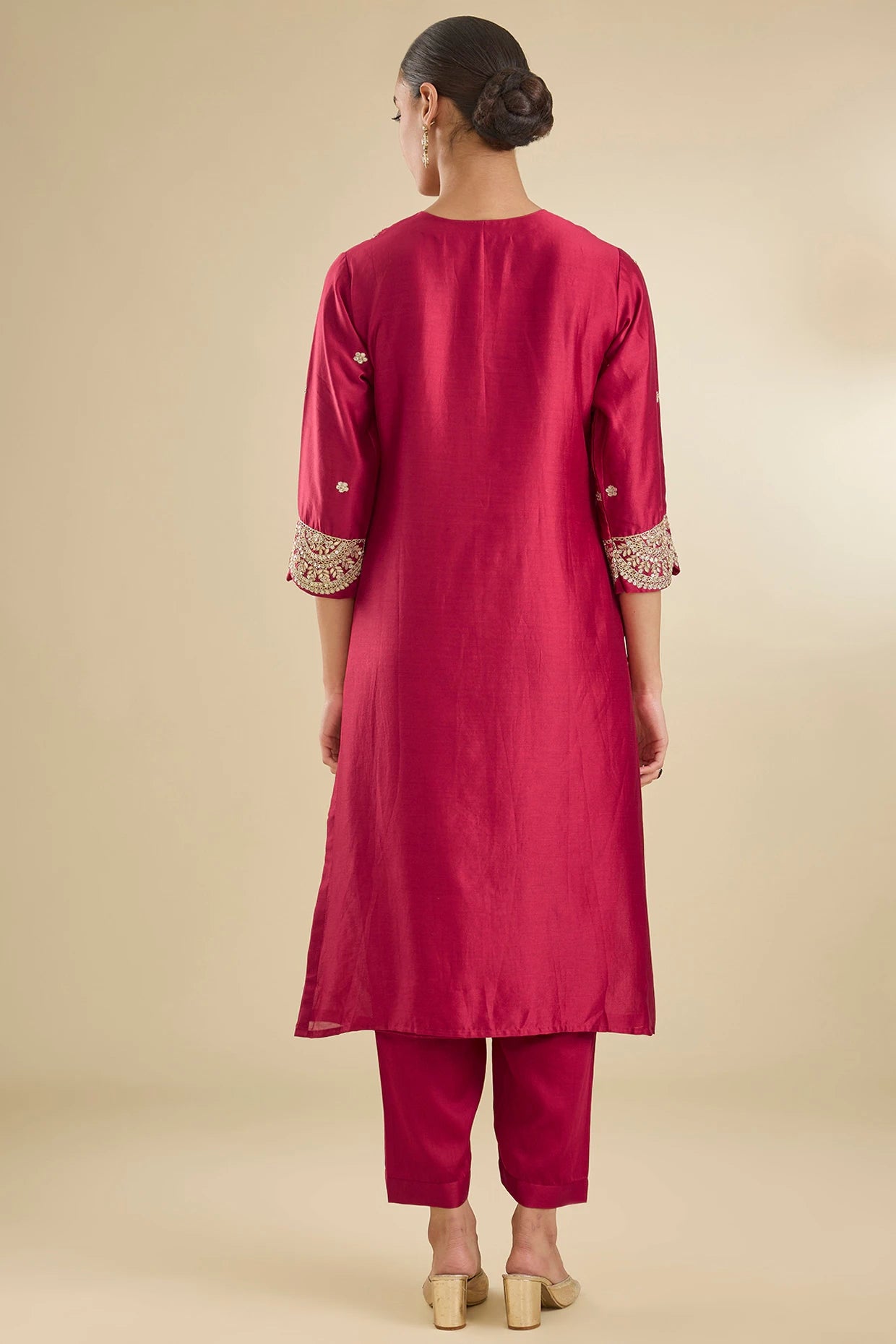 Red Chanderi Silk Sequins & Bead Embroidered Kurta Set