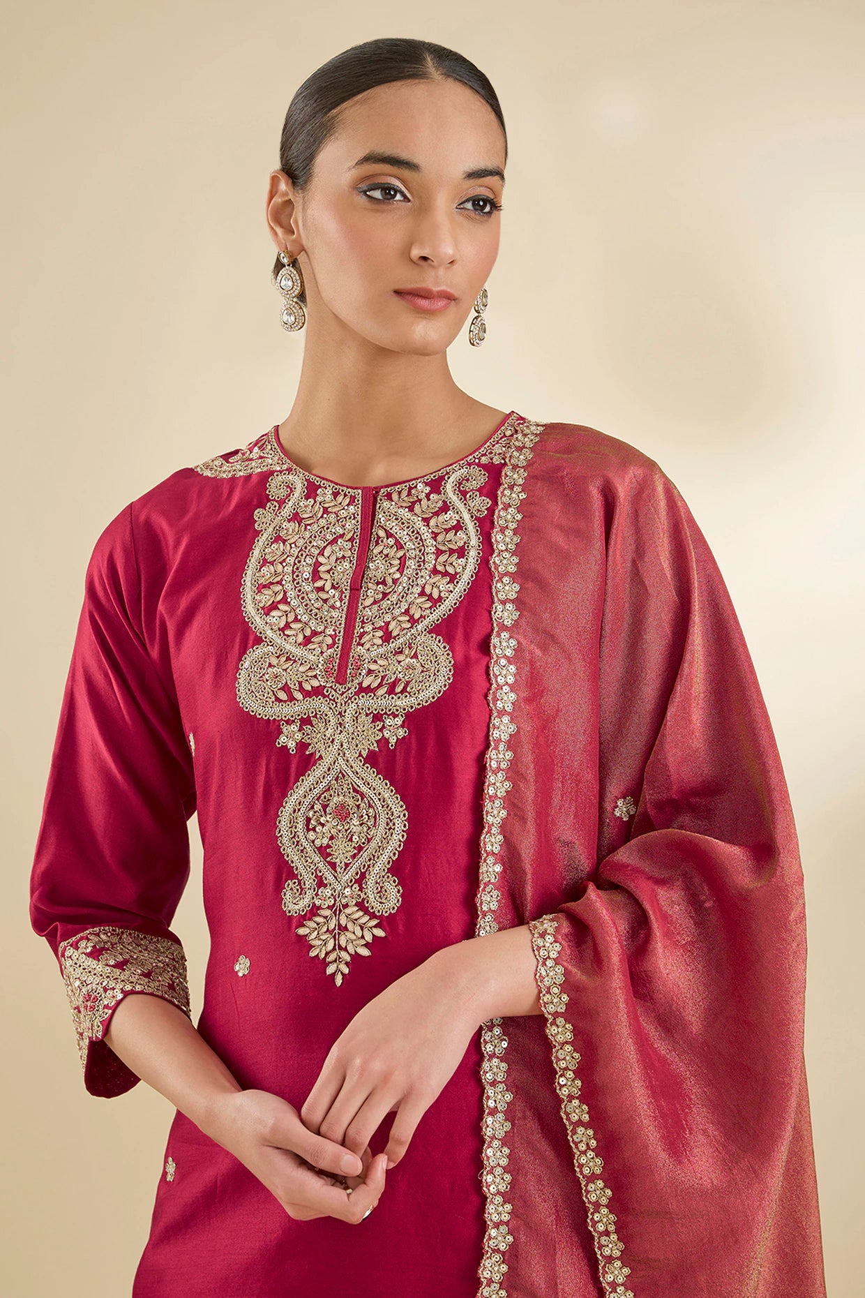 Red Chanderi Silk Sequins & Bead Embroidered Kurta Set