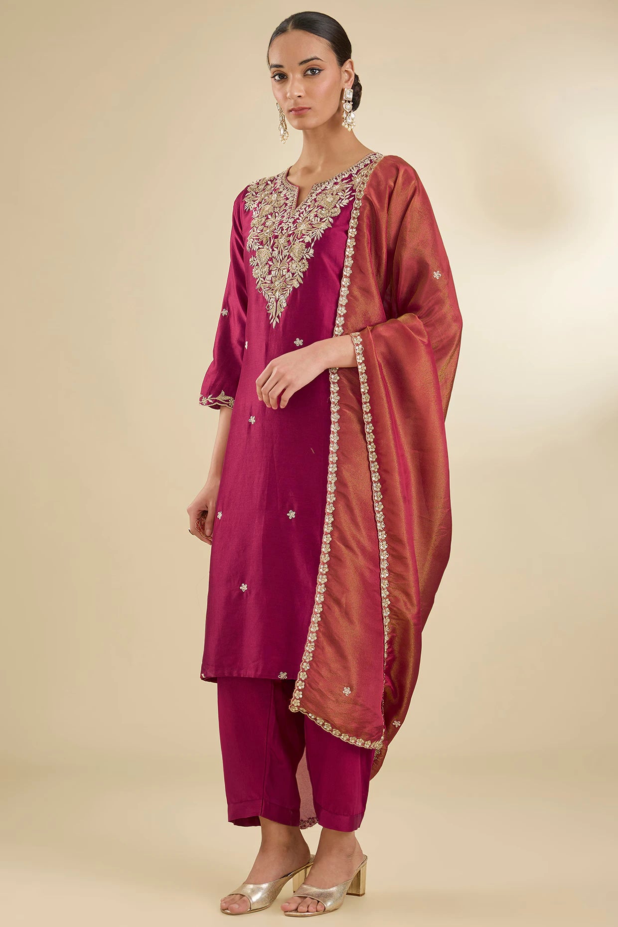 Maroon Chanderi Silk Dabka & Zari Embroidered Kurta Set