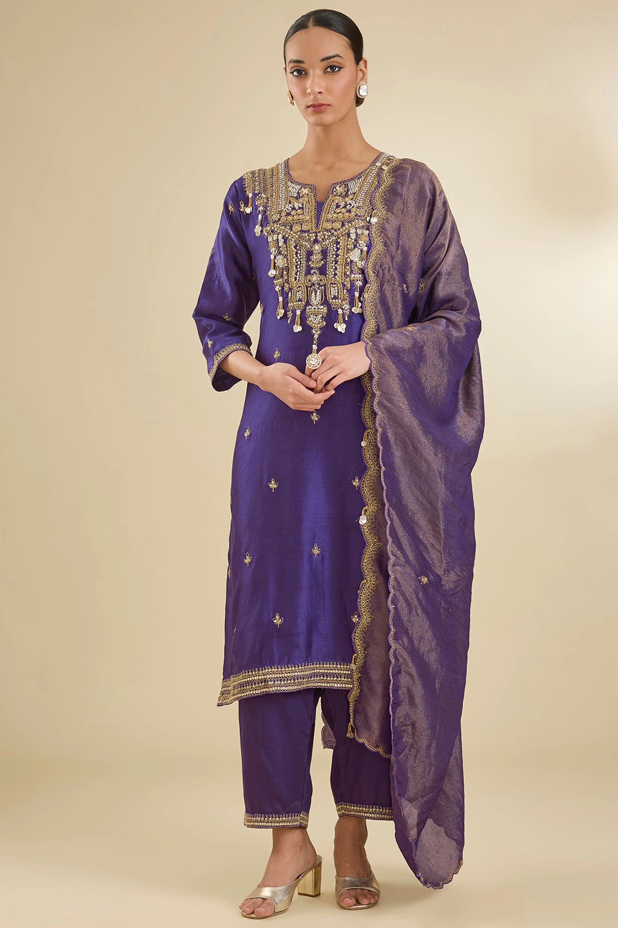 Purple Chanderi Silk Pearl & Zari Embroidered Kurta Set