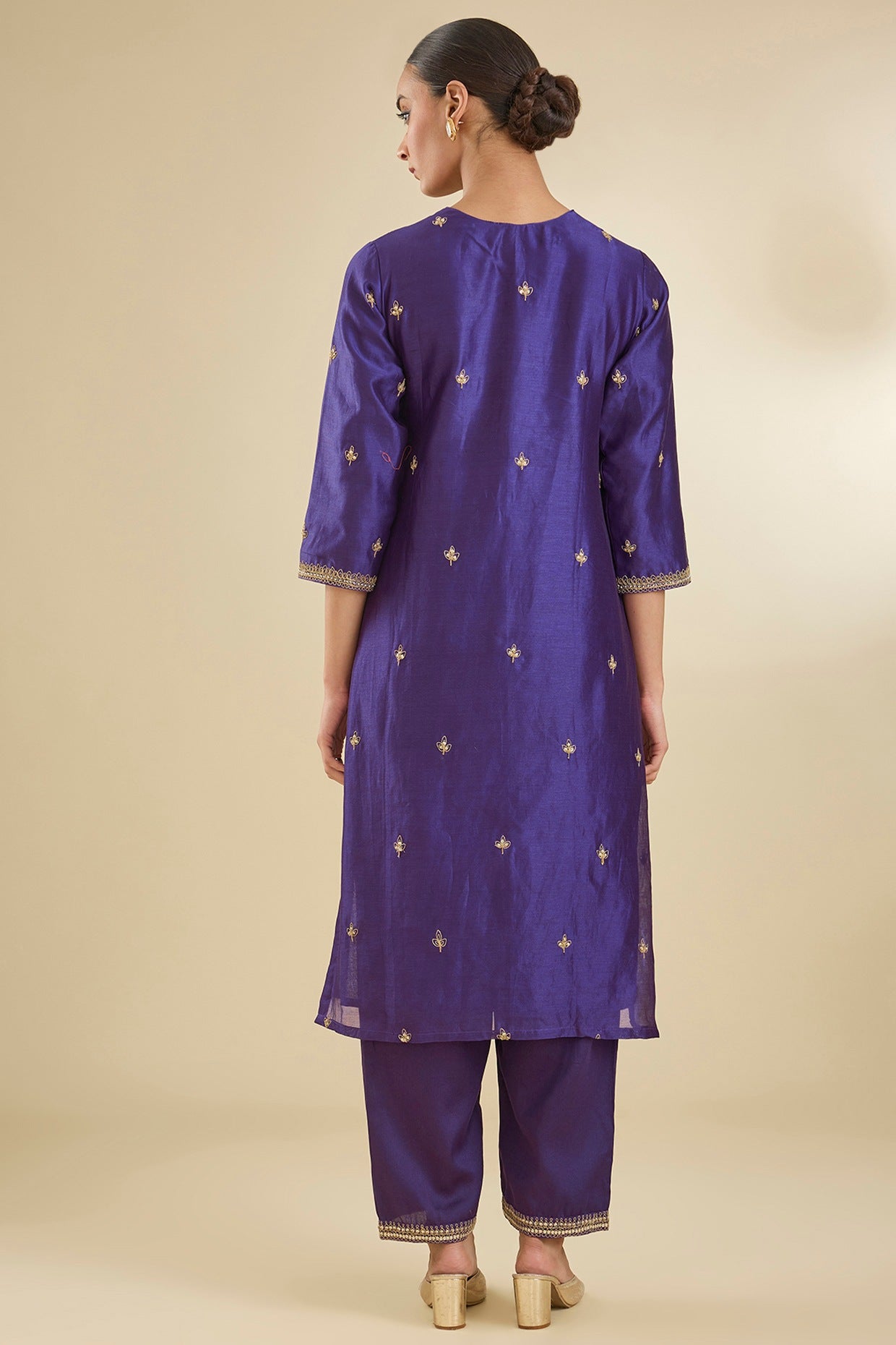 Purple Chanderi Silk Pearl & Zari Embroidered Kurta Set