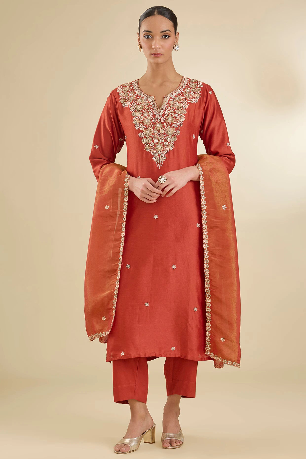 Rust Chanderi Silk Dabka & Sequins Embroidered Kurta Set