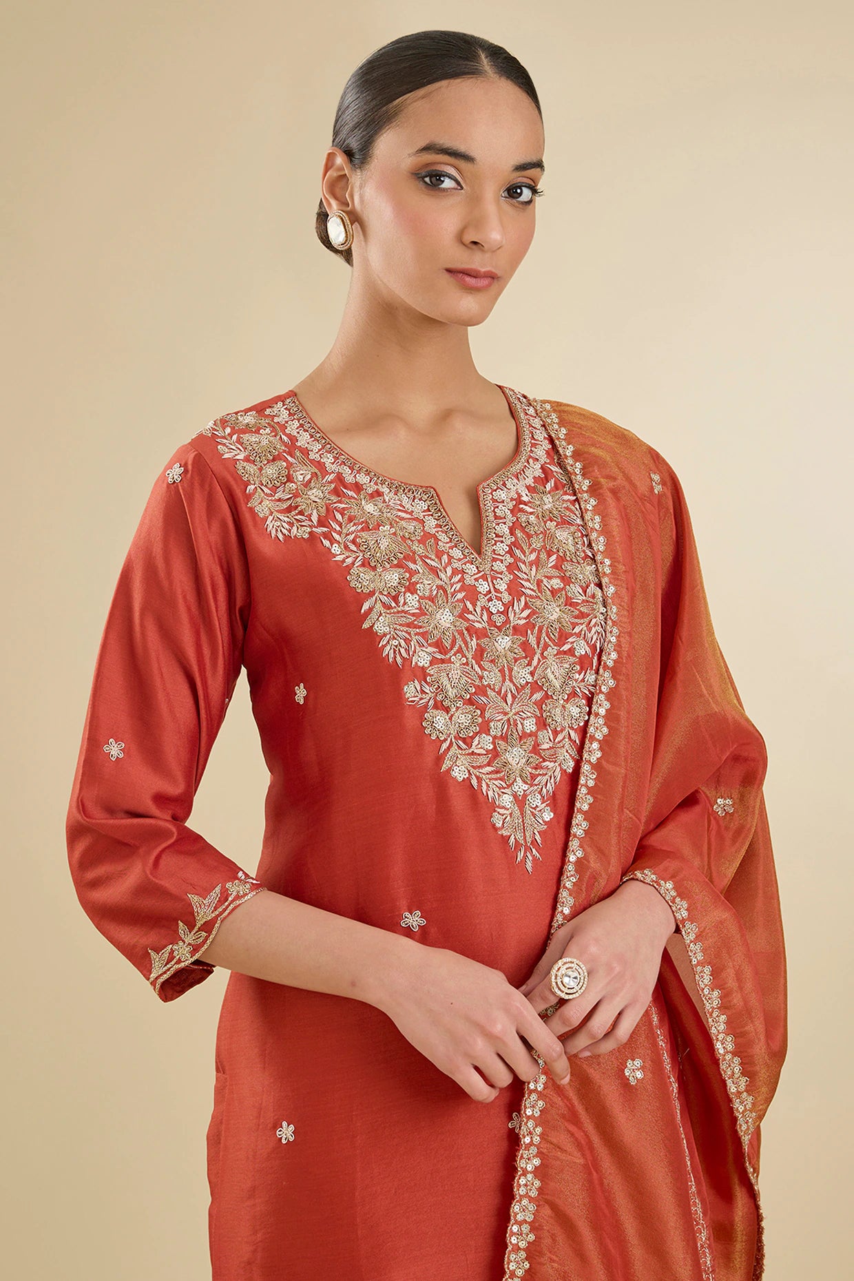 Rust Chanderi Silk Dabka & Sequins Embroidered Kurta Set