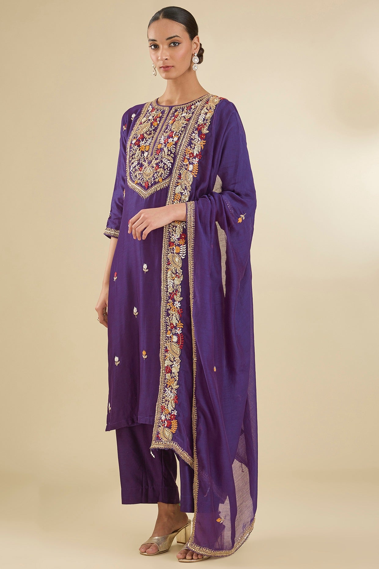 Purple Chanderi Silk Dabka & Sequins Embroidered Kurta Set