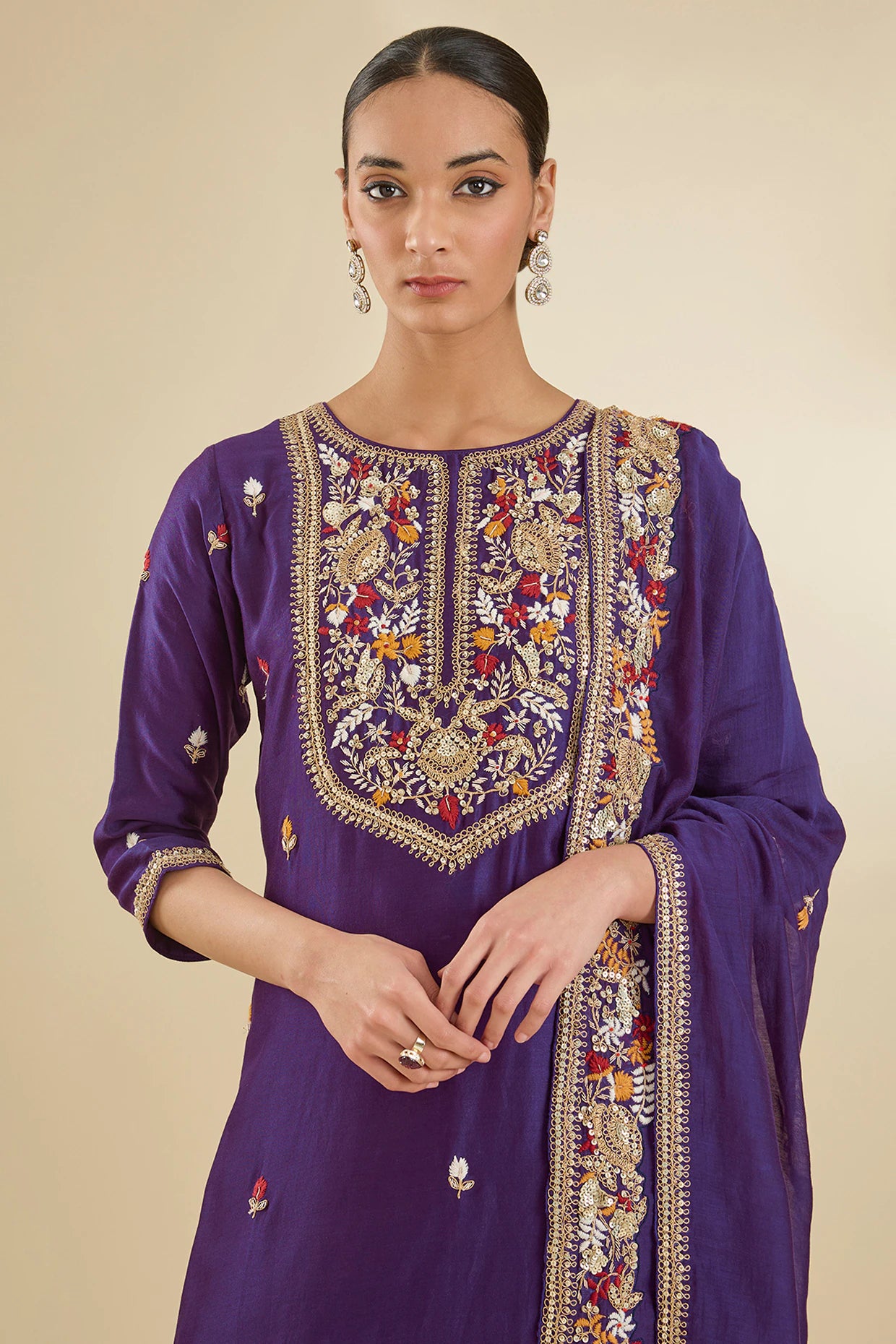 Purple Chanderi Silk Dabka & Sequins Embroidered Kurta Set