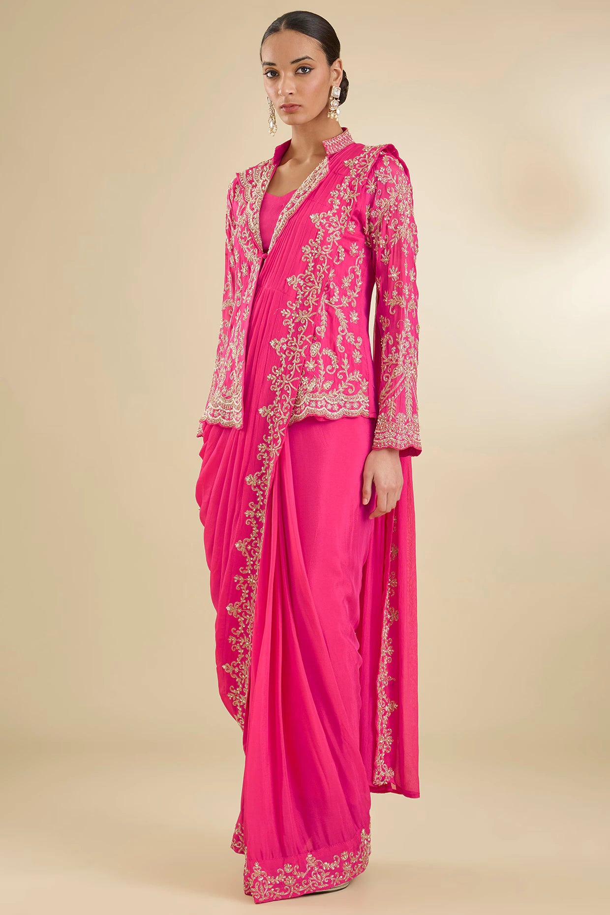 Fuchsia Pink Chinon Georgette Zari Embroidered Pre-Stitched Jacket Saree Set