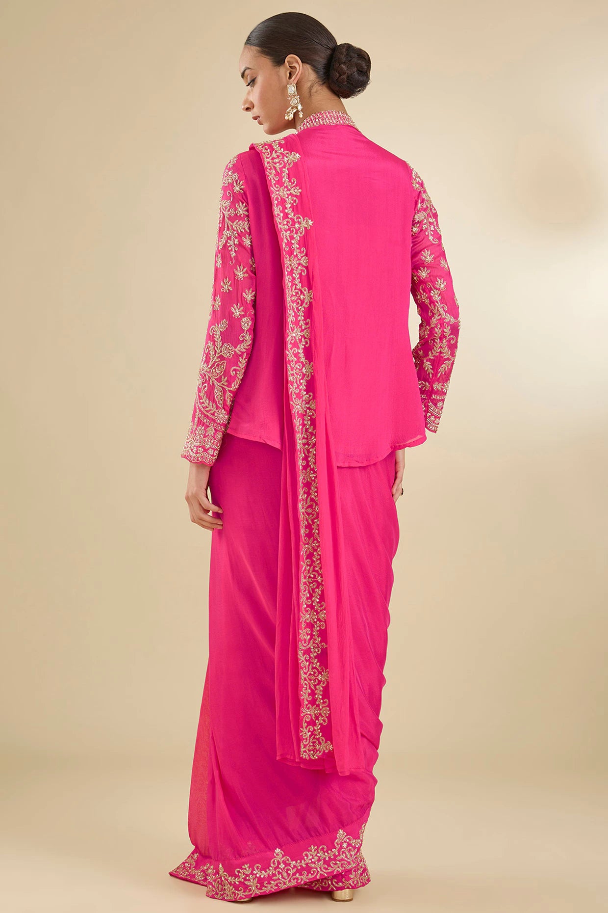 Fuchsia Pink Chinon Georgette Zari Embroidered Pre-Stitched Jacket Saree Set