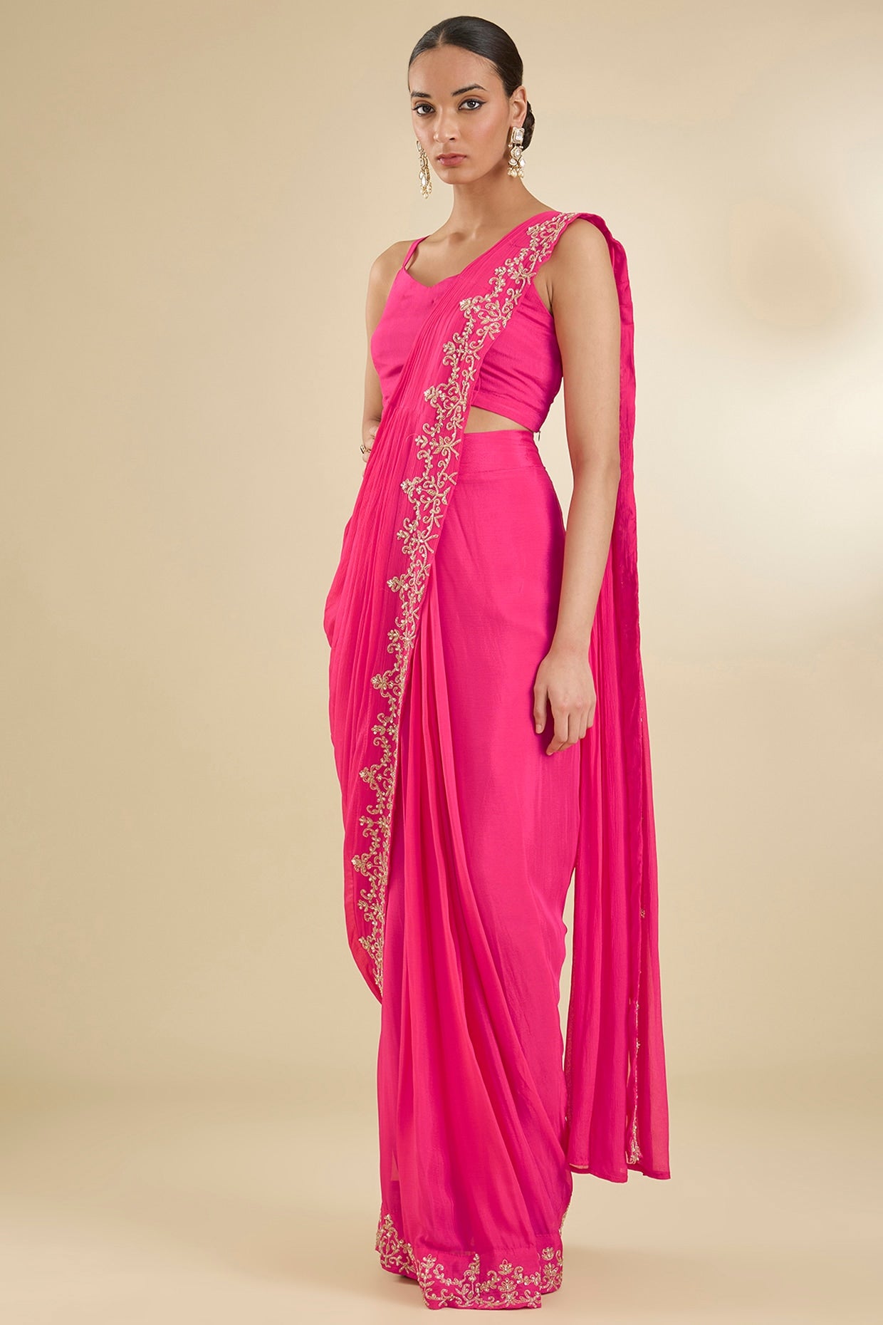 Fuchsia Pink Chinon Georgette Zari Embroidered Pre-Stitched Jacket Saree Set