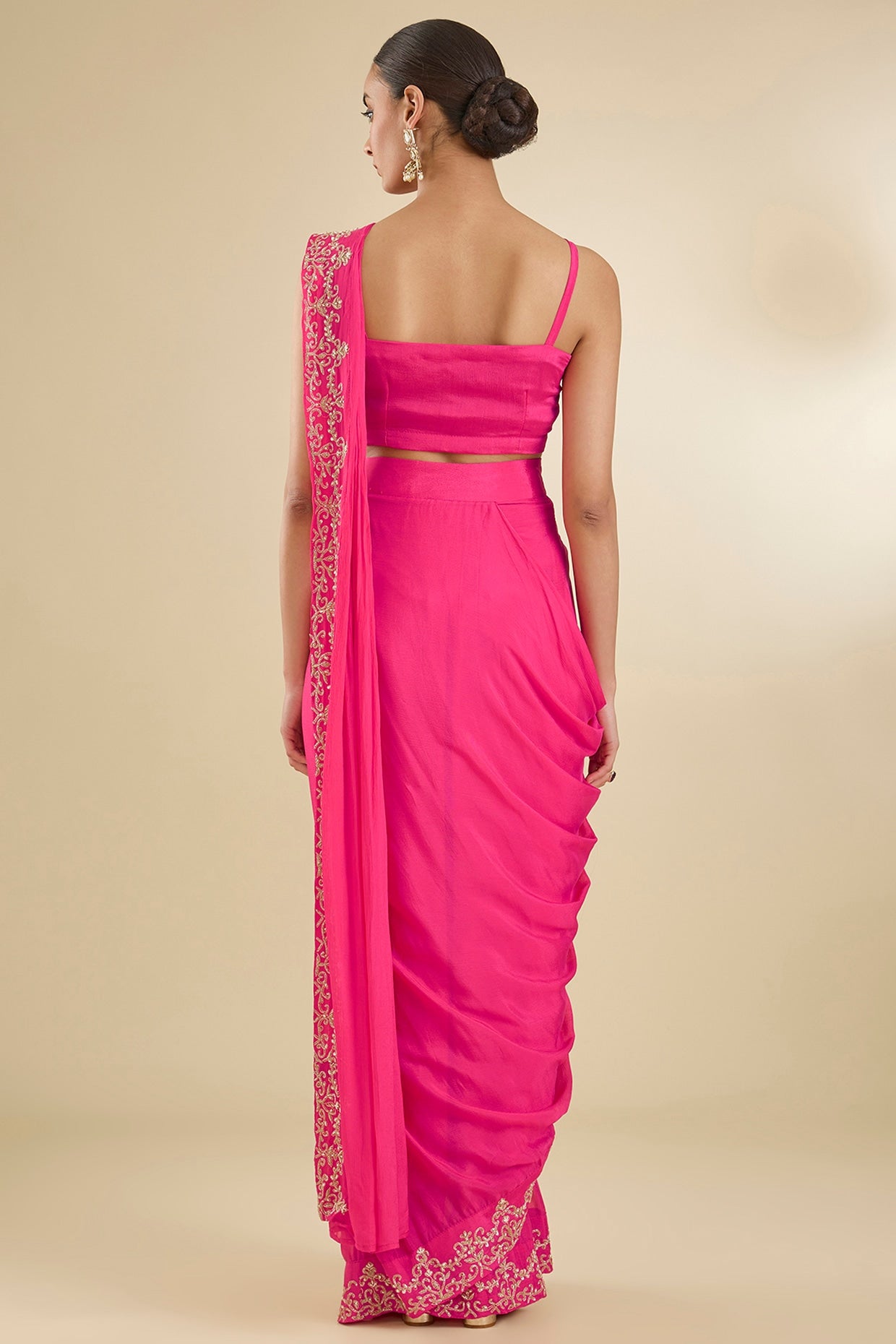 Fuchsia Pink Chinon Georgette Zari Embroidered Pre-Stitched Jacket Saree Set