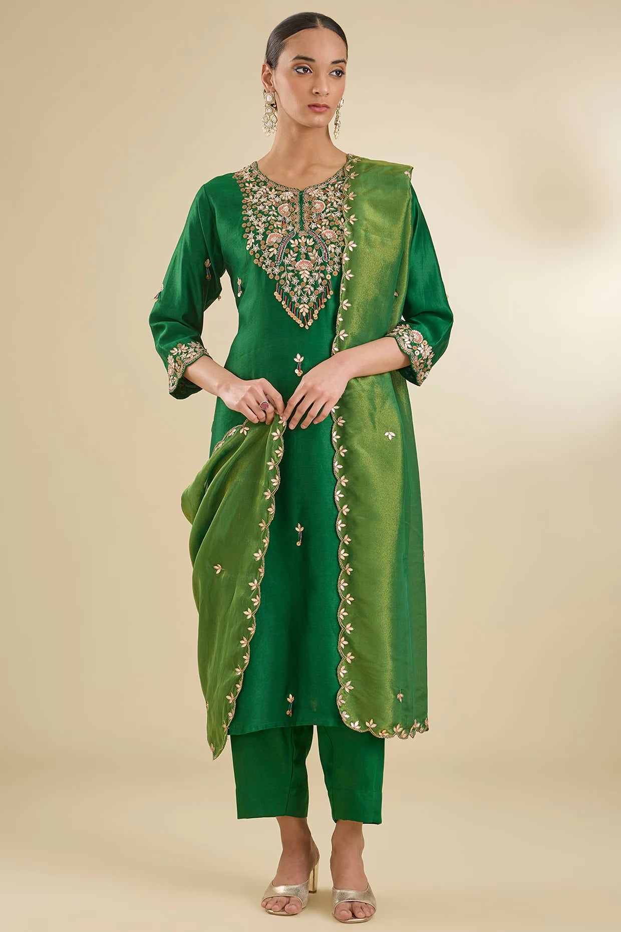 Mehendi Green Chanderi Silk Sequins & Dabka Embroidered Kurta Set