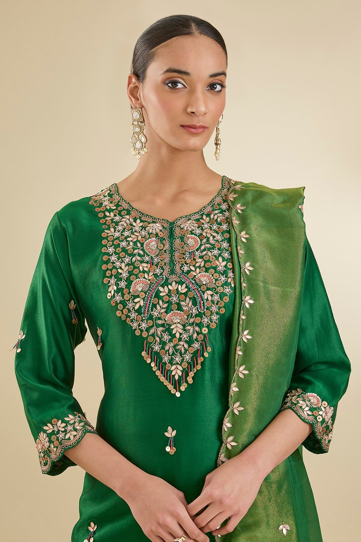 Mehendi Green Chanderi Silk Sequins & Dabka Embroidered Kurta Set