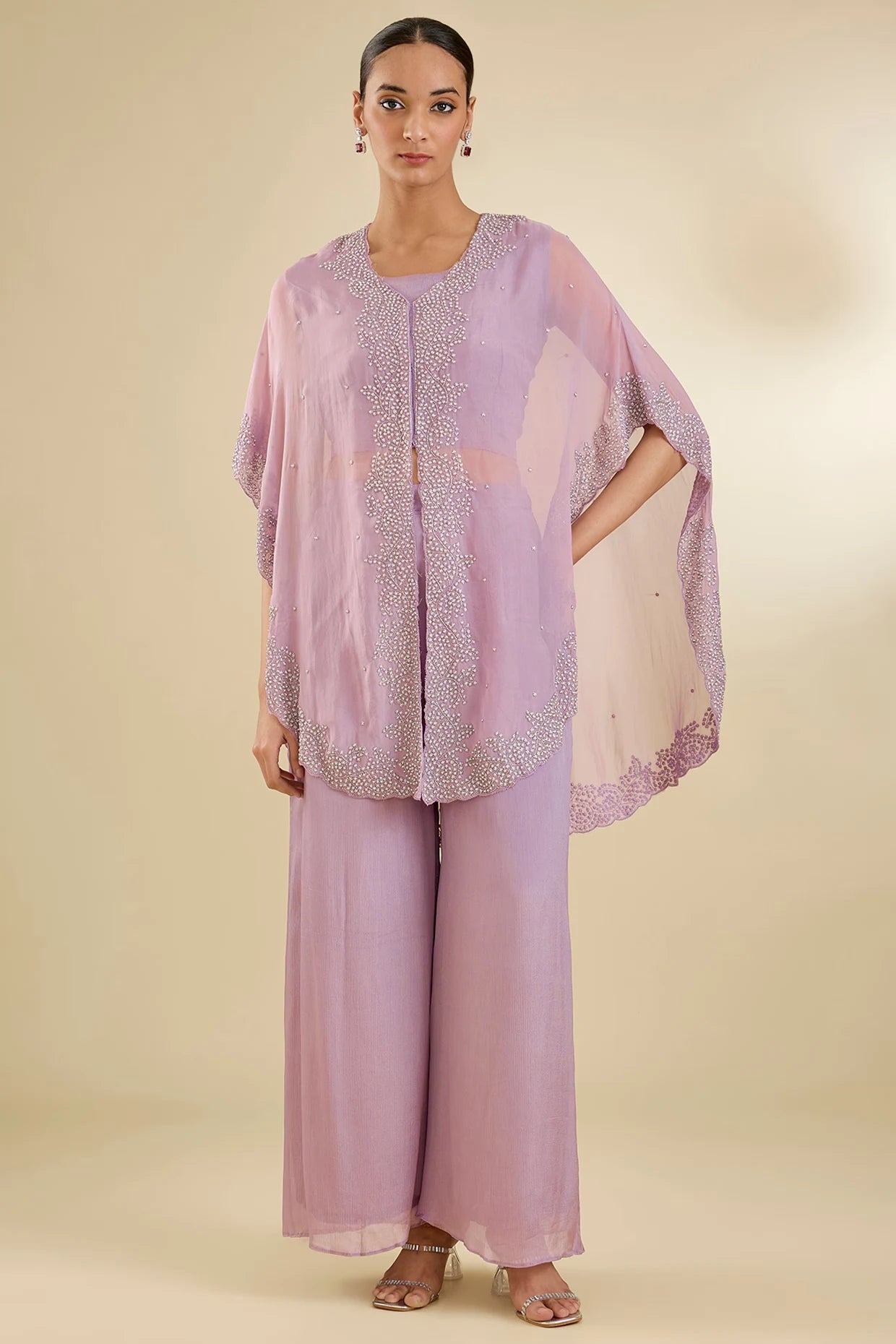 Lilac Organza Cutdana & Pearl Embroidered Cape Set