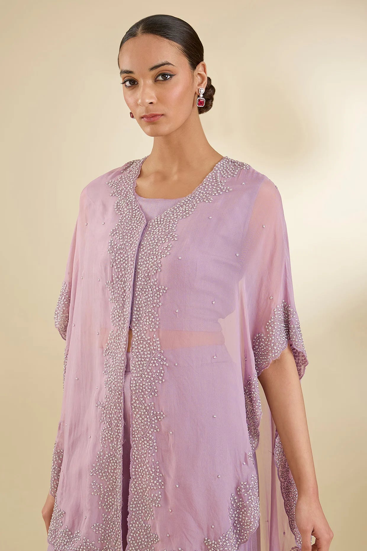 Lilac Organza Cutdana & Pearl Embroidered Cape Set