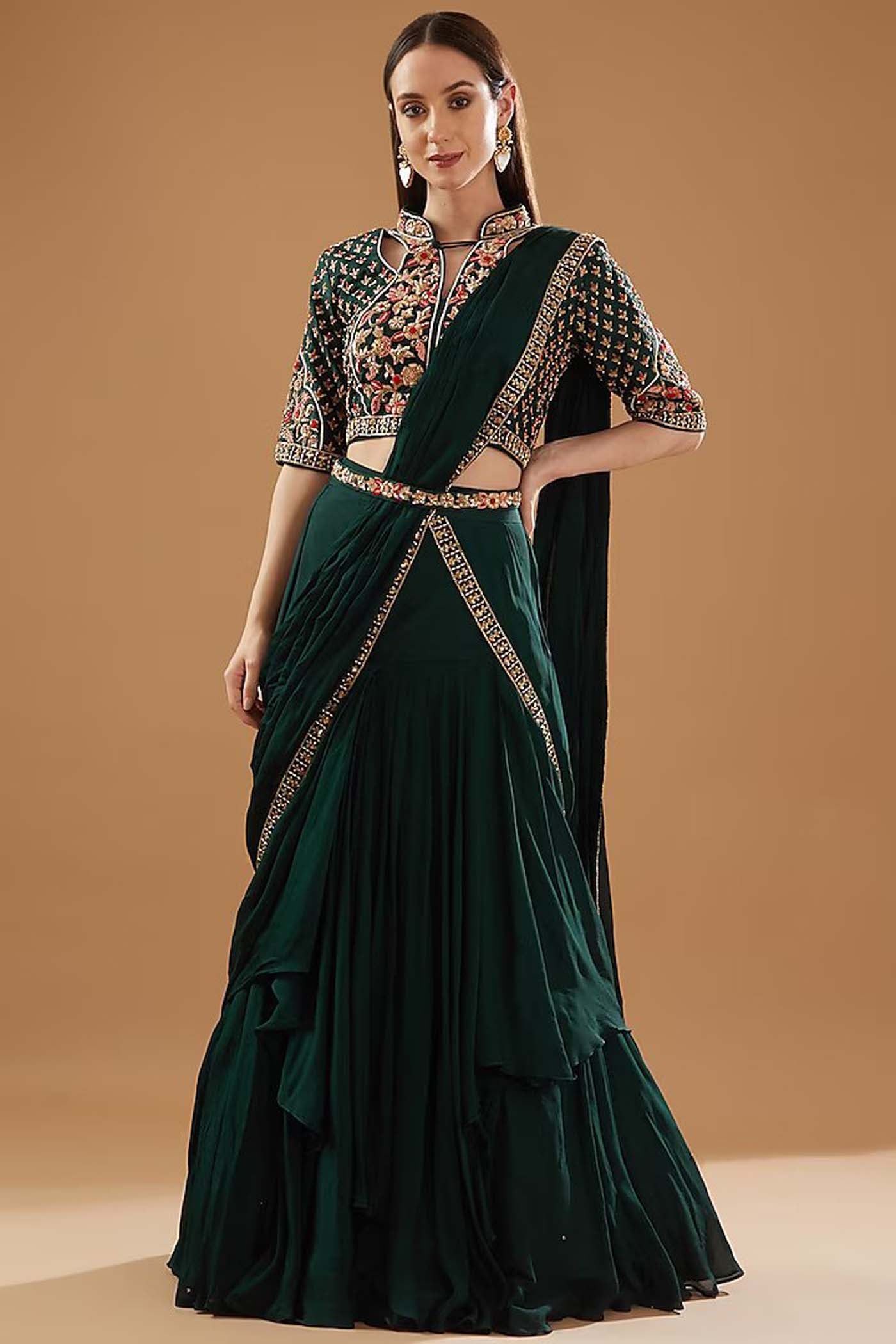 Bottle Green Drape Lehenga Saree