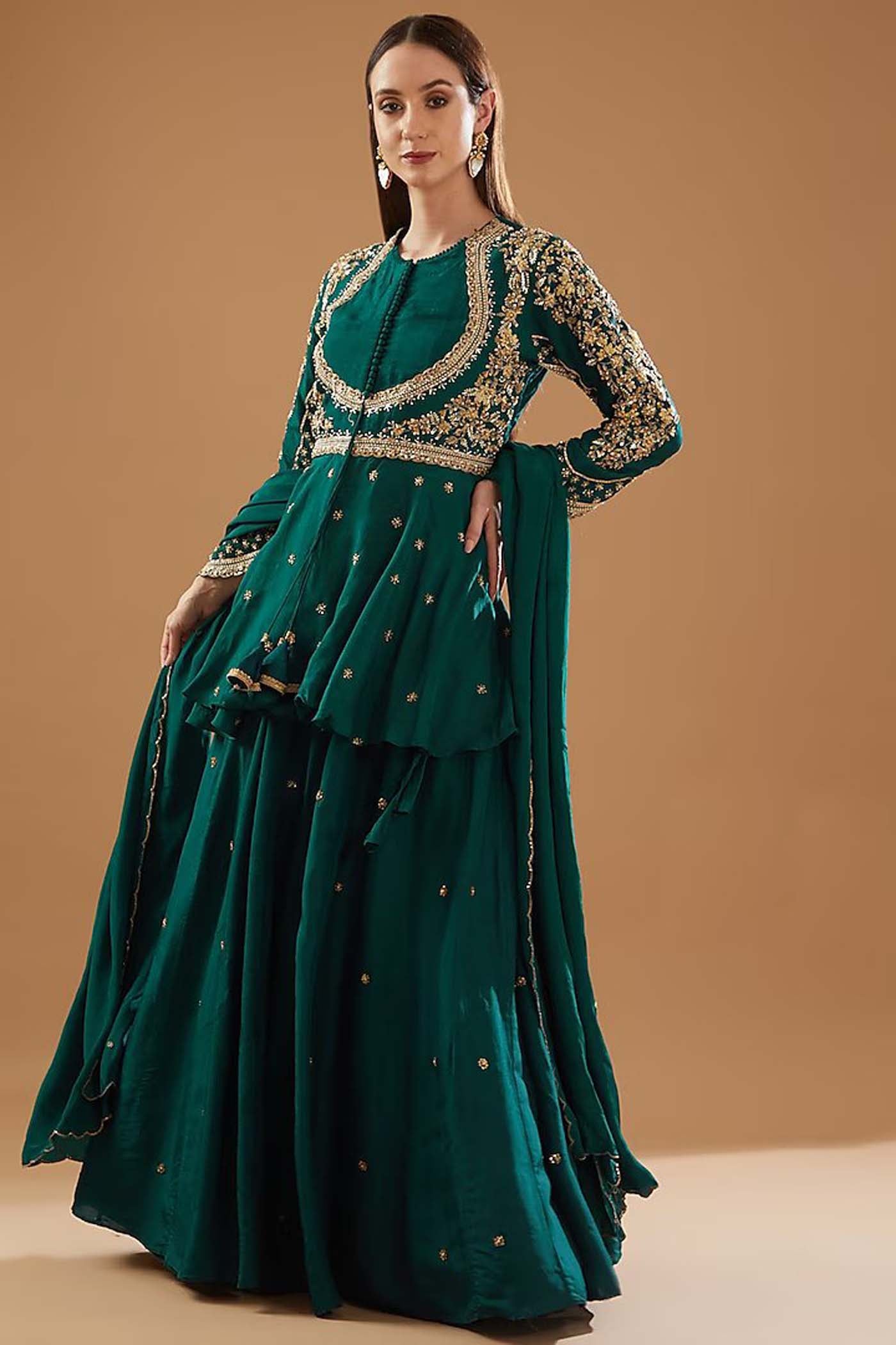 Rama Green Short Anarkali with heavily Embroidered yoke and sleeves Comes with a Skirt and Dupatta