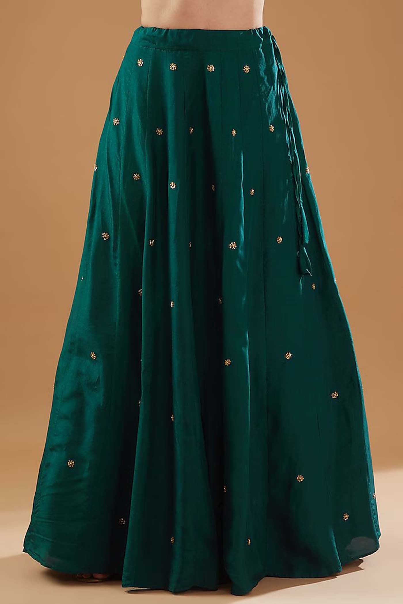 Rama Green Short Anarkali with heavily Embroidered yoke and sleeves Comes with a Skirt and Dupatta