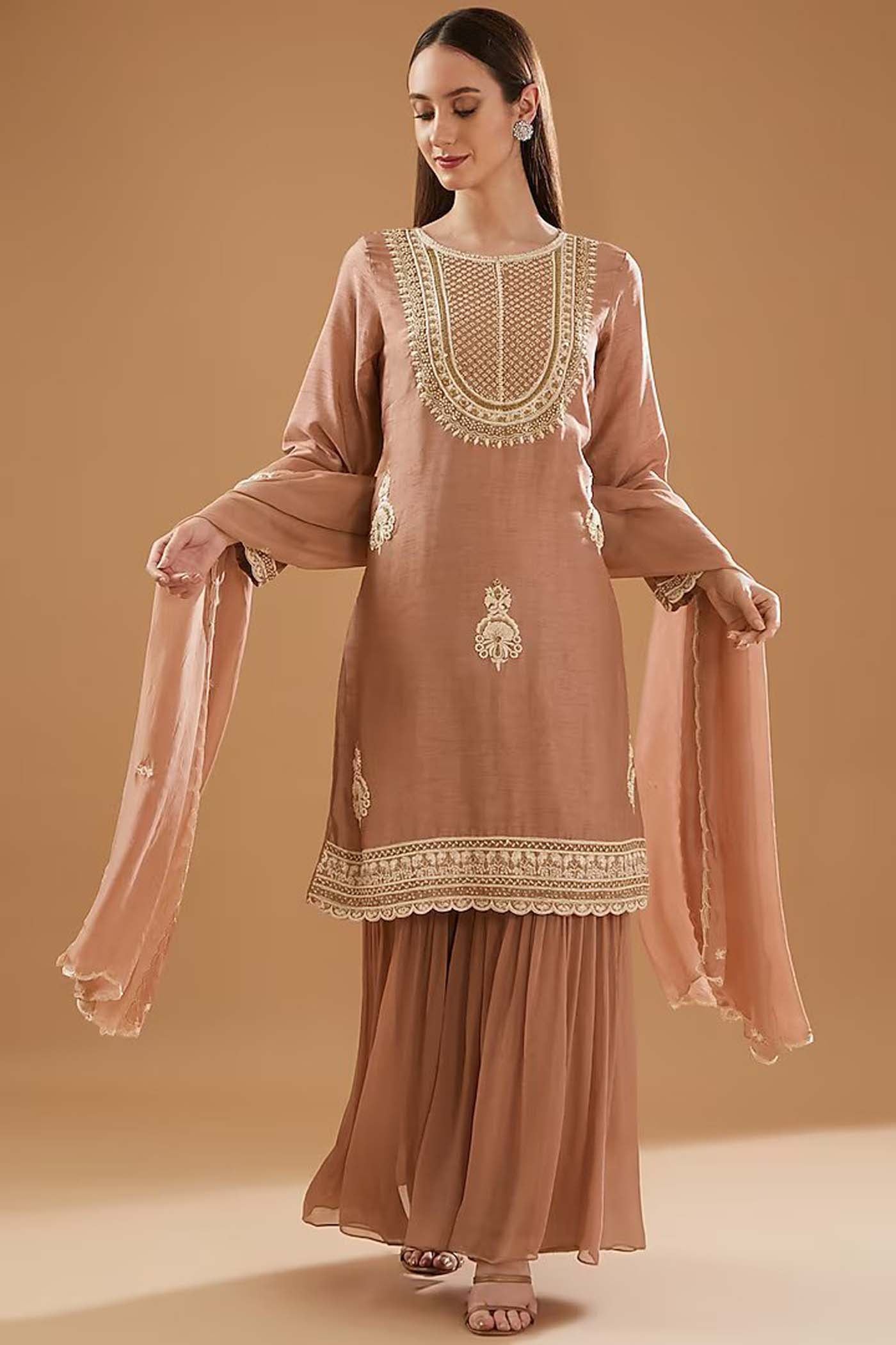 Onion Pink Straight Floral Suit with pants and Dupatta set