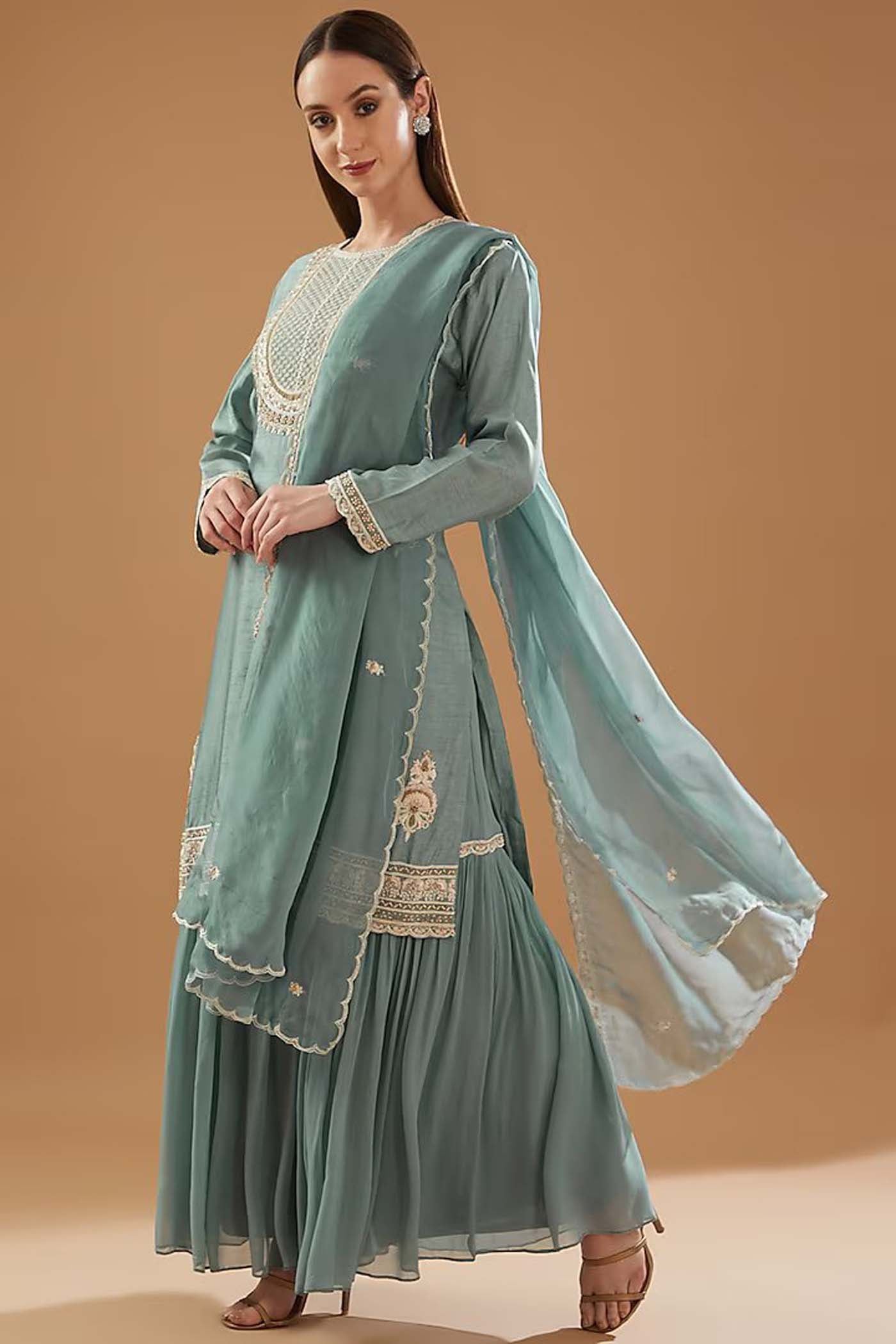 Sky Blue Straight Floral Suit with pants and Dupatta set