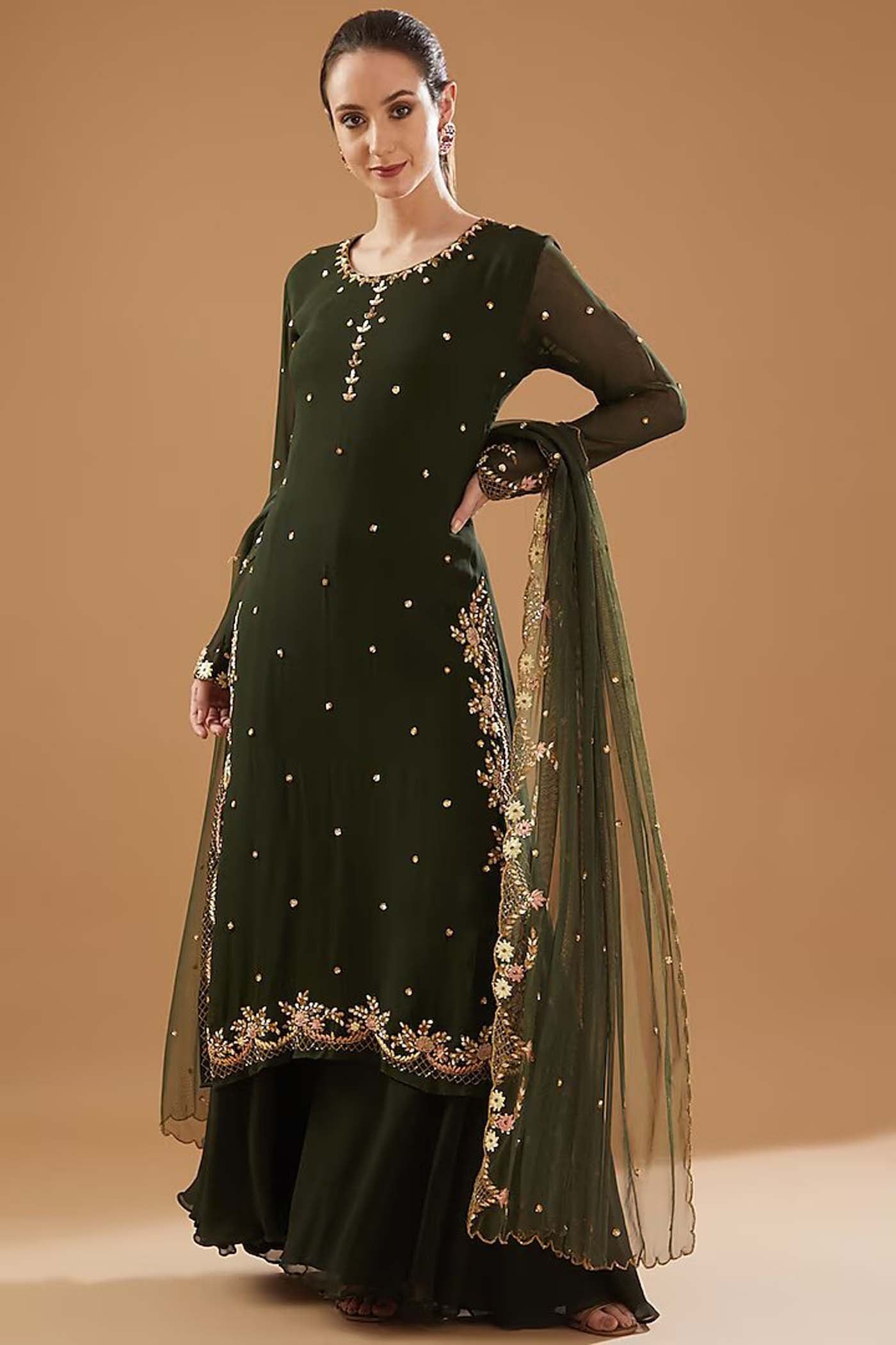 Mehandi Green Heavy Straight Suit with Sharara and Dupatta