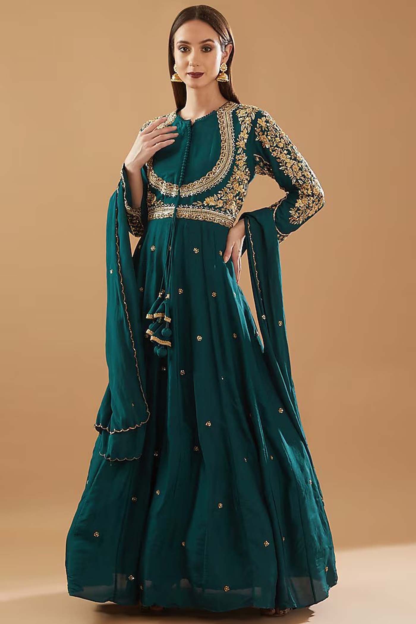 Rama Green Anarkali with heavily embroidered yoke and sleeves with a dupatta